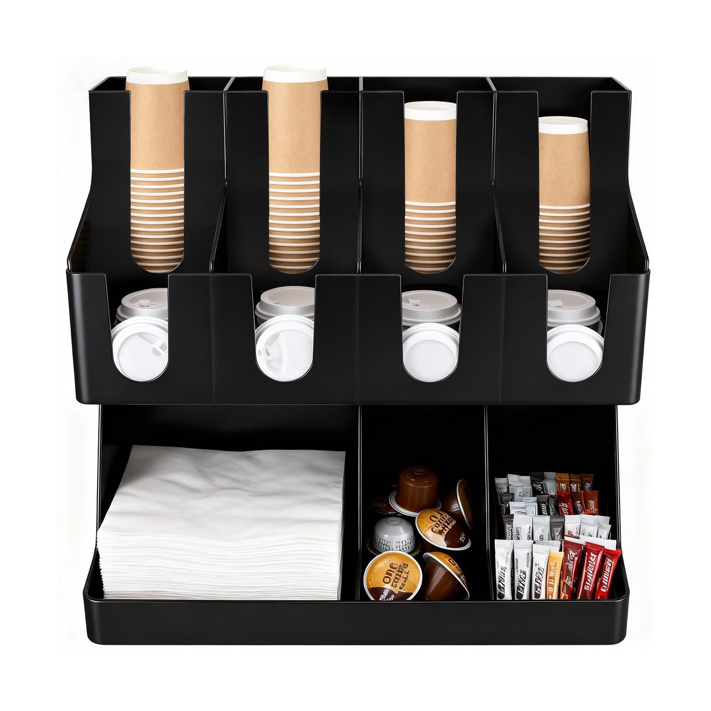 WELKOR Commercial Cup and Lid Holder with Straw Organizer,Disposable Coffee Cup Condiment Dispenser for Countertop Org, Coffee Bar, Beverage Cup, Kitchen, Breakroom (11 Compartment Upright)