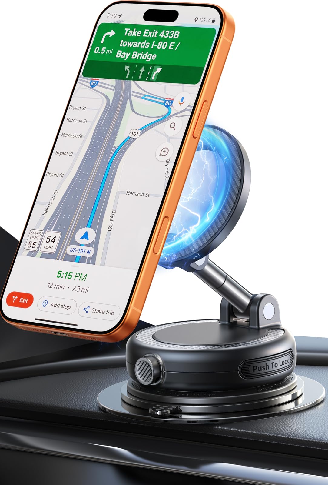 Moeila NeverFall Car Phone Mount for MagSafe, 89lbs Vacuum Suction, Strong Magnetic Dashboard & Windshield Mount, 360° Adjustable Phone Holder for iPhone & All Phones, Carbon Fiber