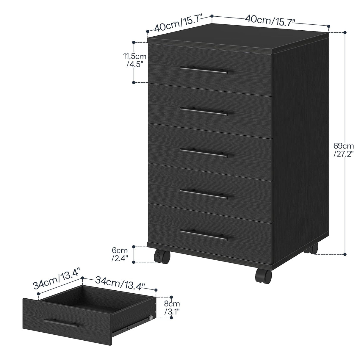 HOOBRO 5-Drawer File Cabinet, Office Cabinet with Drawers, Wooden Storage Cabinet with Wheels for Makeup, Home Office, Study, Easy Assembly, Black BK05WJ01