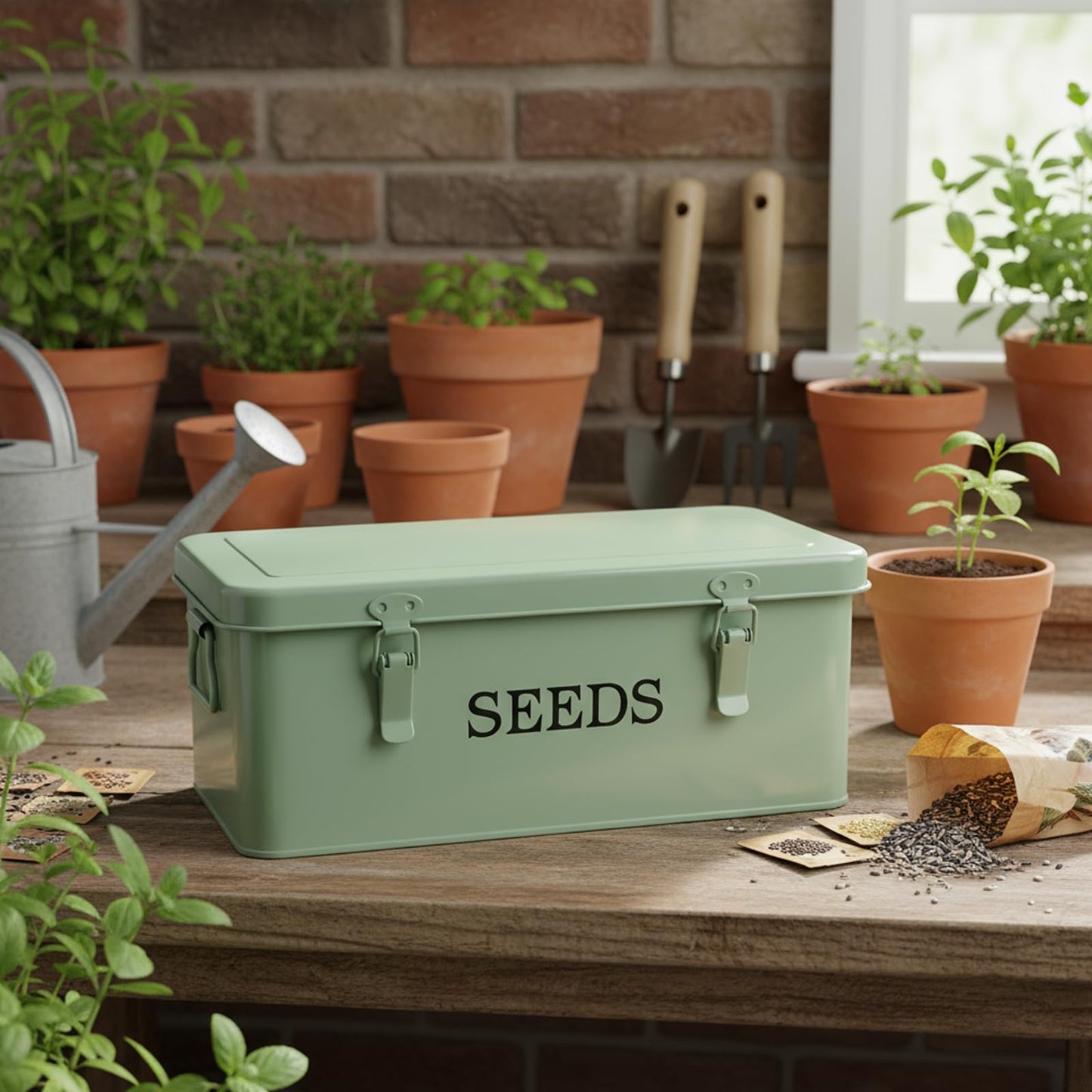 Seed Storage Organizer, 4 Compartment Metal Seed Saving Box with Lid and Safety Locks,Seeds Packet Container with 1 Pen, 12 Slots, 20 Plant Labels, 30 Seeds Envelopes,Perfect for Flower Plants Garden
