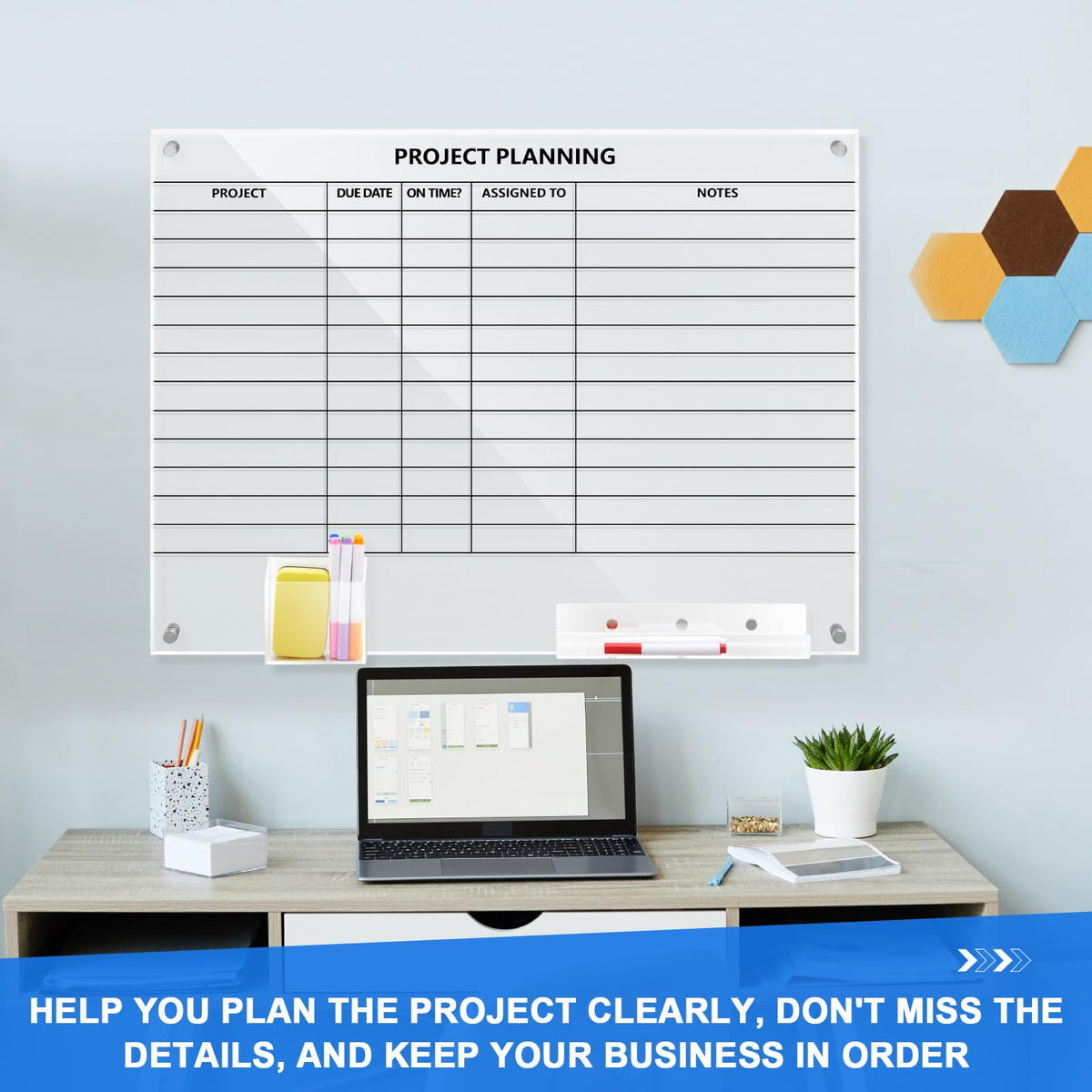 Lincia Acrylic Project Planning Board, 24 x 18 Inch Clear Wall Schedule Dry Erase Board with 8 Markers and Eraser, Whiteboard Planner with Lines for Home Office Project and Family Organization
