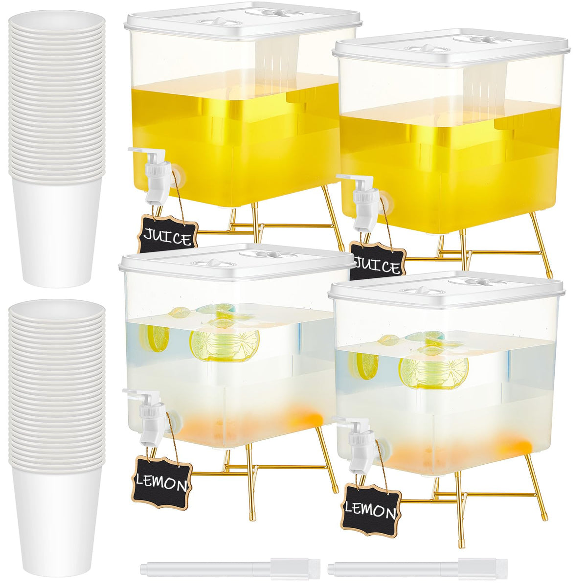 LemonRoad 4 Pack Beverage Dispensers with 60 Pcs Disposable Cups Plastic Drink Dispensers With Stand for Parties Water Dispenser Cold Drink Container for Iced Tea Fridge Bar Party (2.3 Gallon)