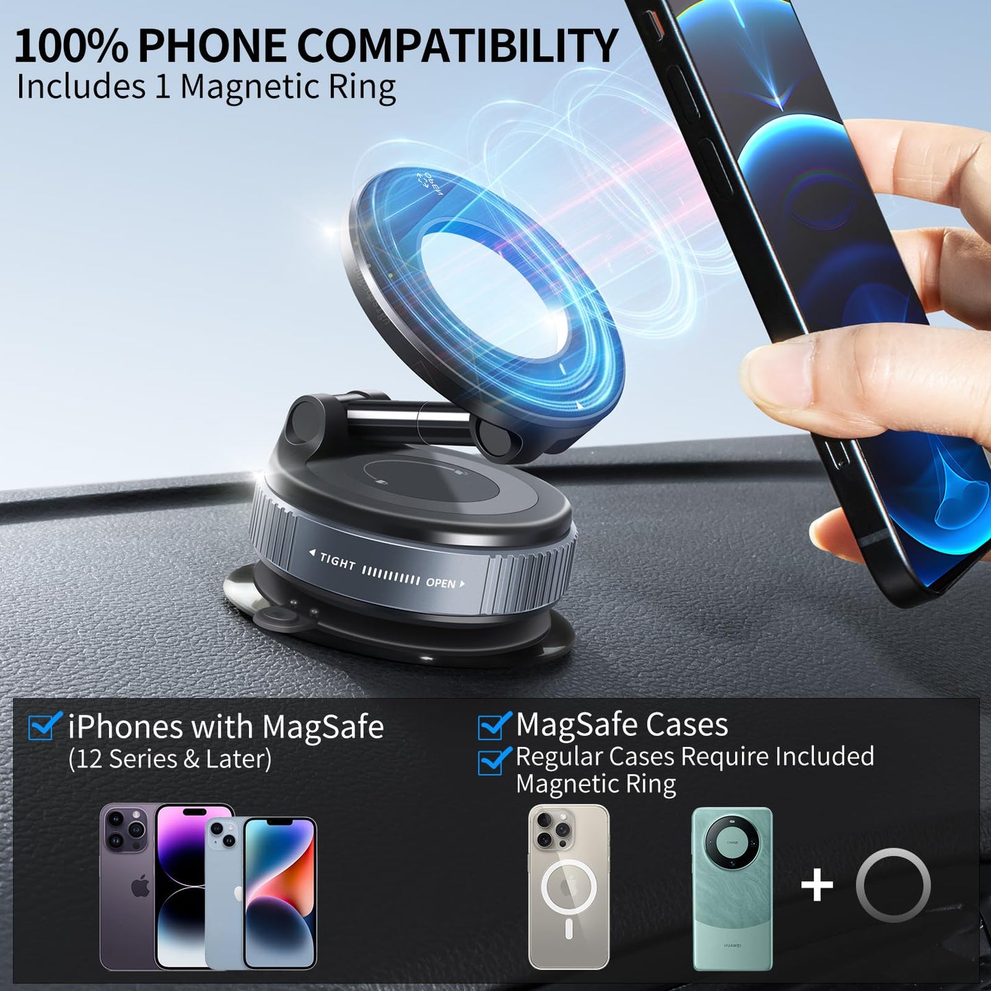 Galundge Vacuum Suction Magnetic Phone Holder, 2025 Upgraded Foldable Retractable Suction Cup Car Phone Mount for Magsafe, 360° Adjustable Magnetic Phone Stand for Cars/Gyms/Mirrors/Smooth Surface