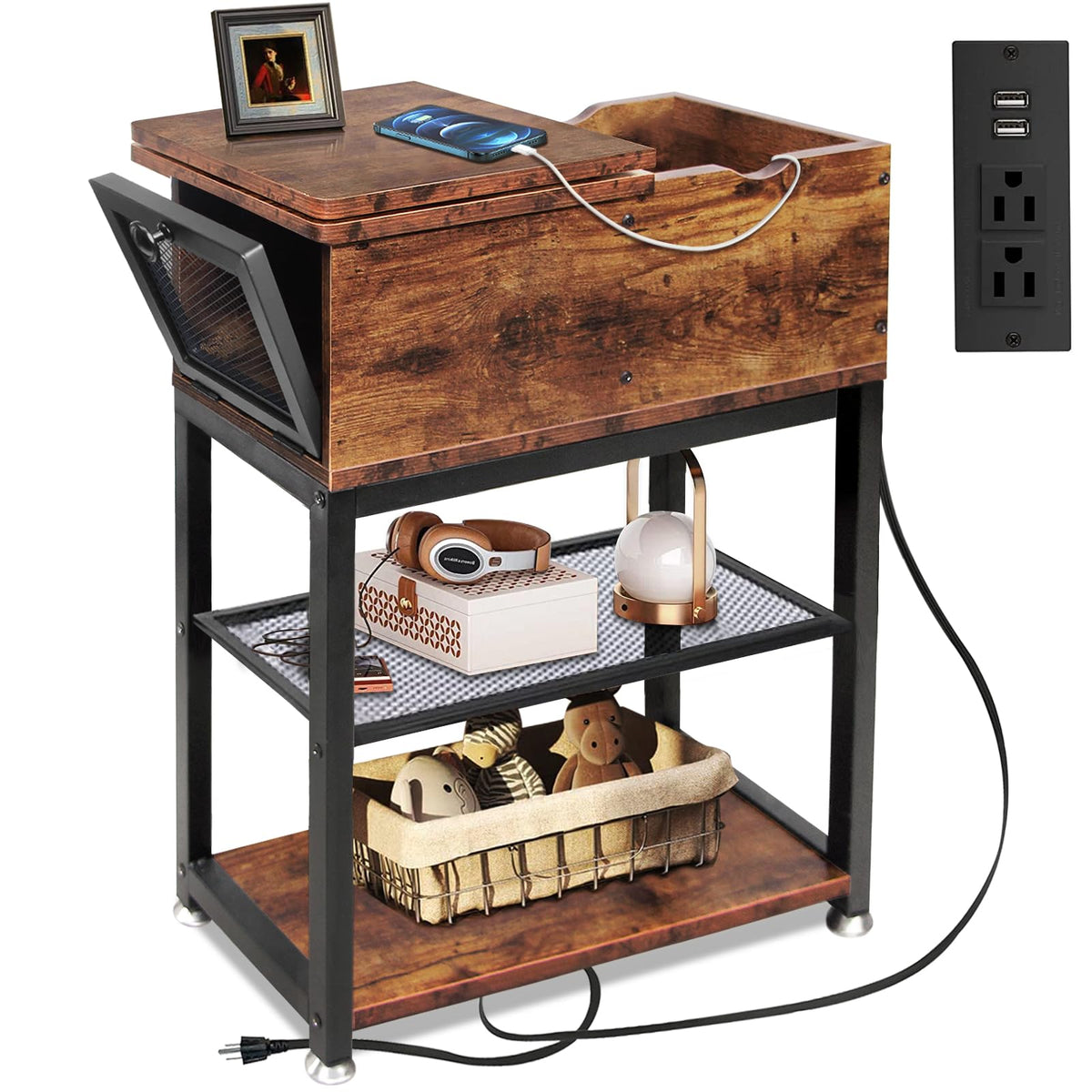 End Tables for Living Room, 28 inch Tall Side Table, End Tables with USB Ports and Outlets, 8.4" Super Deep Drawer, Flip Top End Table with Charging Station, Sturdy Steel X-Shaped Frame, Holds 216lbs