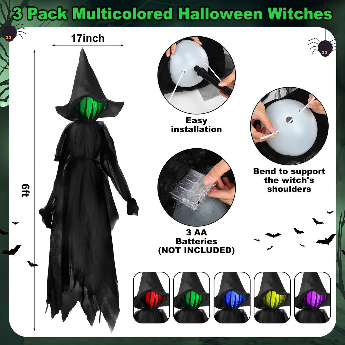MiniInflat 6 Pack Halloween Decorations Outdoor Included Large Witches Cauldron on Tripod with String Light Eyeball and Skeleton 3 Pcs 6 ft Lighted Witch Stakes 2 Pcs Solar Eyeball Light for Yard Lawn
