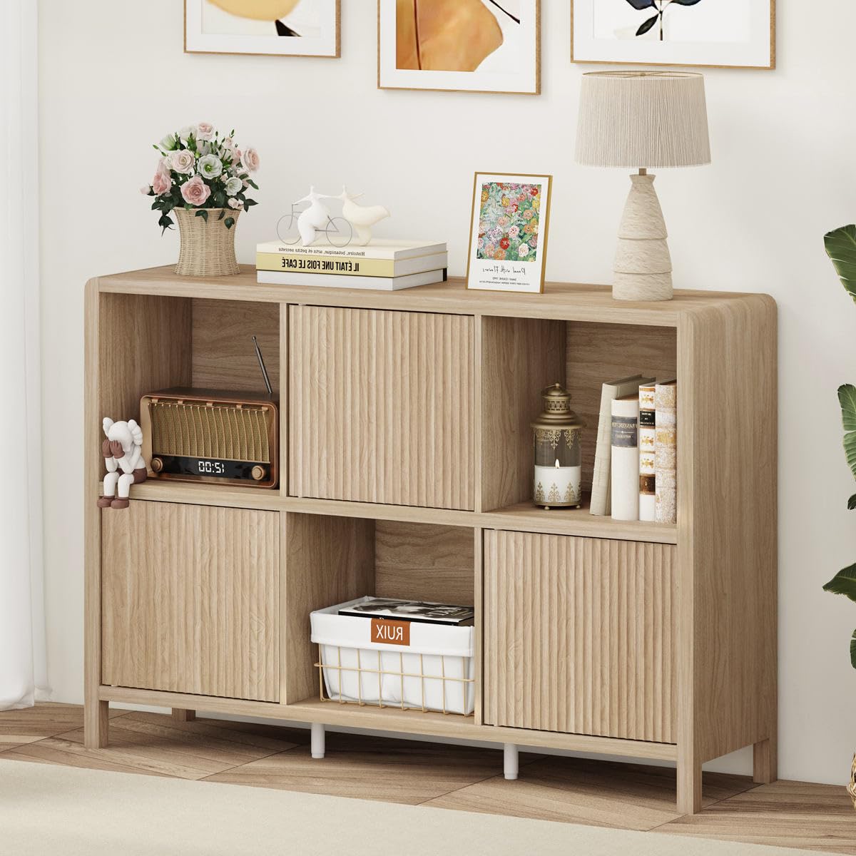 FATORRI 6 Cube Horizontal Bookshelf with 3 Doors, Modern Wood Book Shelf with Storage, Low Cubby Bookcase for Home Office (Light Walnut)