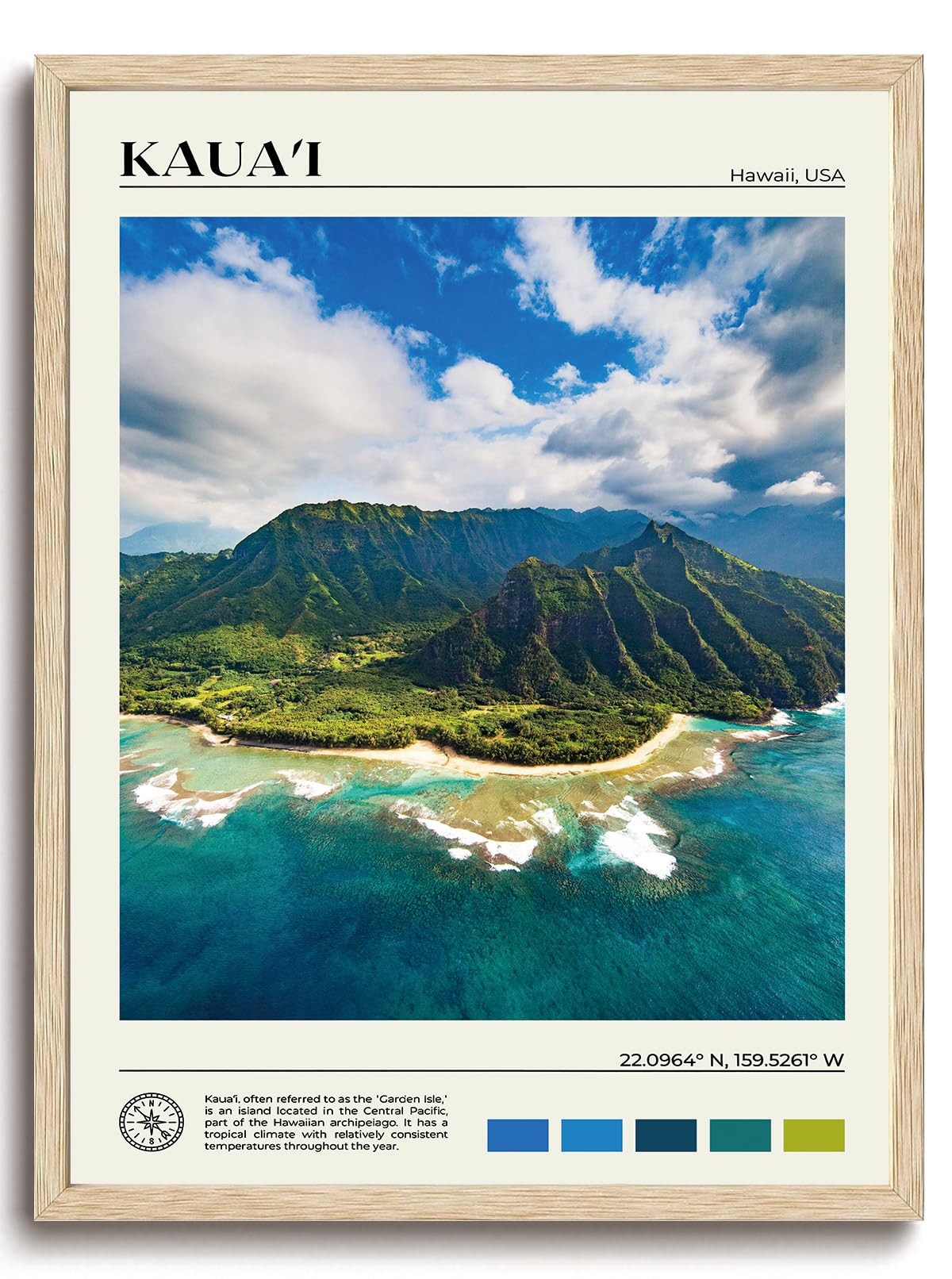 KISSFOX OAK Wood Framed Wall Art Kauai Wall Decor Hawaii Canvas Art Landscape Pictures Coastal Paintings Travel Posters Aesthetic Artwork For Bedroom Office Living room