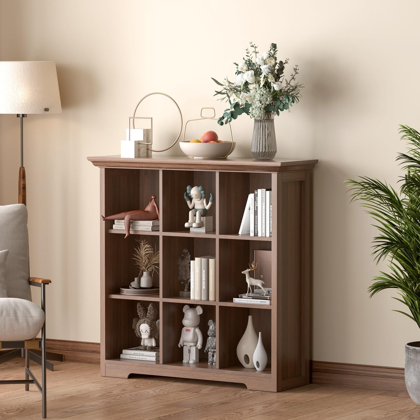 OSCHF Cube Shelf Bookcase with Base - Wooden 3 Tiers Floor Standing Low Storage Cabinet for Home and Office, 9-Cube Lattice Bookshelf, Walnut