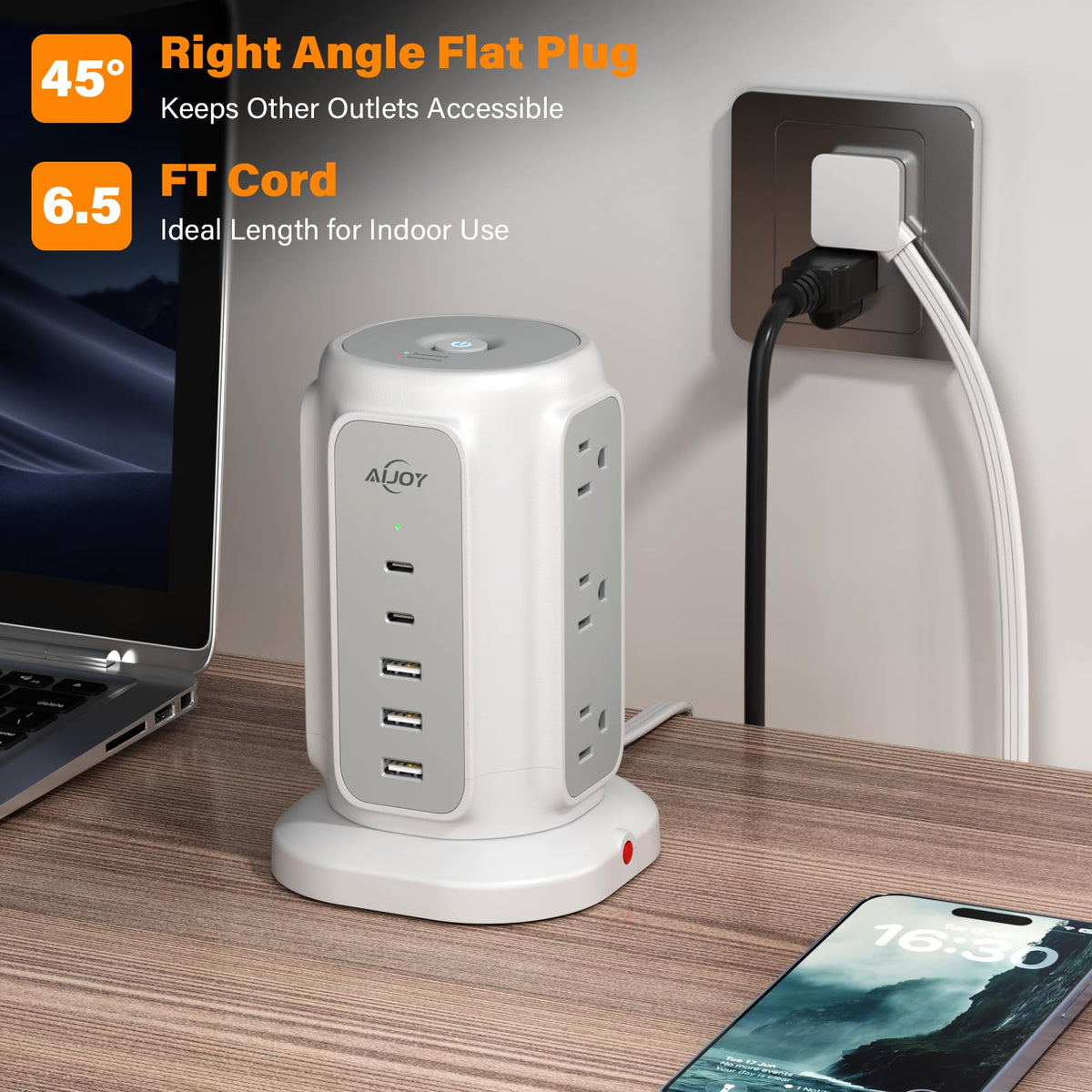 AiJoy Flat Plug Power Strip Tower 9 Outlets and 5 USB Ports (2 USB-C), 1200J Surge Protection, 6.5ft 1625W Extension Cord Charging Station for Home, Office Supplies, Dorm Essentials