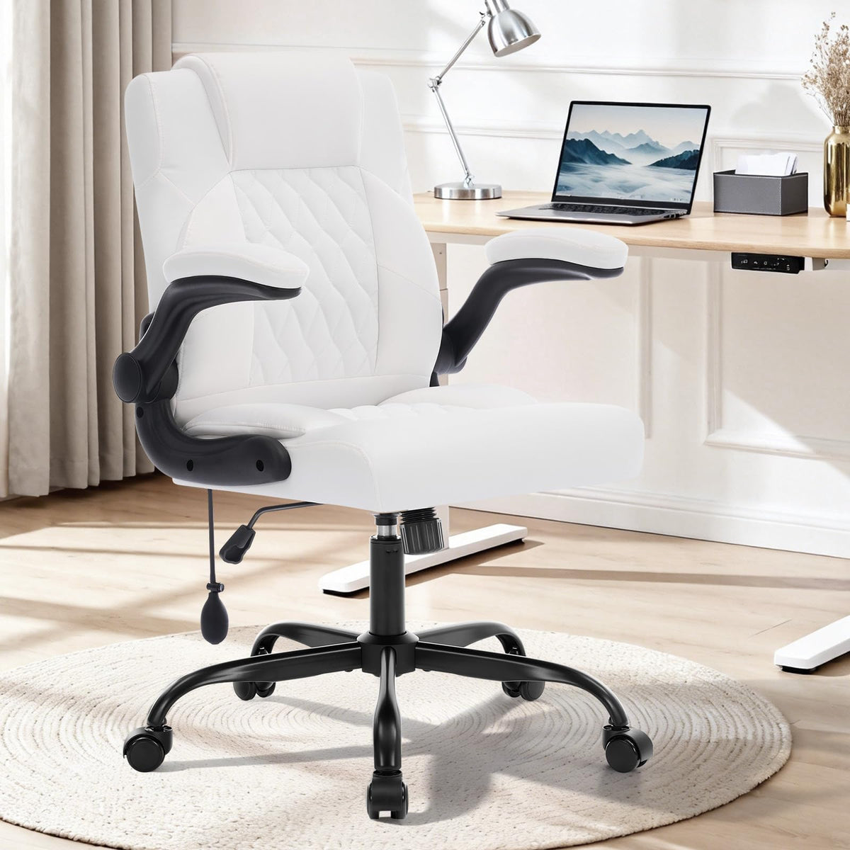 Office Chair with Adjustable Inflatable Lumbar Support,Leather Ergonomic Computer Desk Chair with Flip-up Arms,Adjustable Tilt Lock,Swivel Rolling Executive PC Chair for Work,Study,Meeting.White