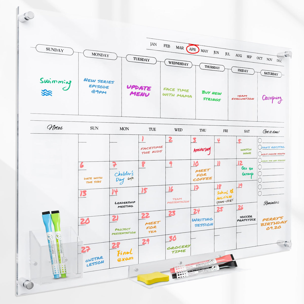 Acrylic Calendar for Wall - 24x18” Wall Calendar, Dry Erase Calender, Clear Calendar for Wall, Includes Magnetic Pen, Tray Holders, 4 Markers and 1 Eraser