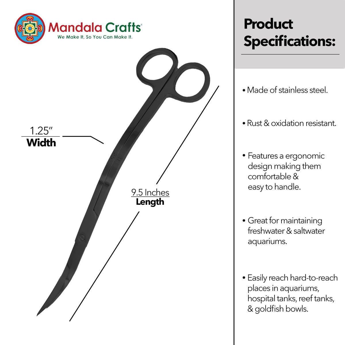 Mandala Crafts Extra Long Black Stainless Steel Curved Aquarium Scissors for Trimming Aquatic Plants – Wave Aquascape Scissors for Fish Tanks, Hospital Tanks, Goldfish Bowls, Aquariums, and Terrariums