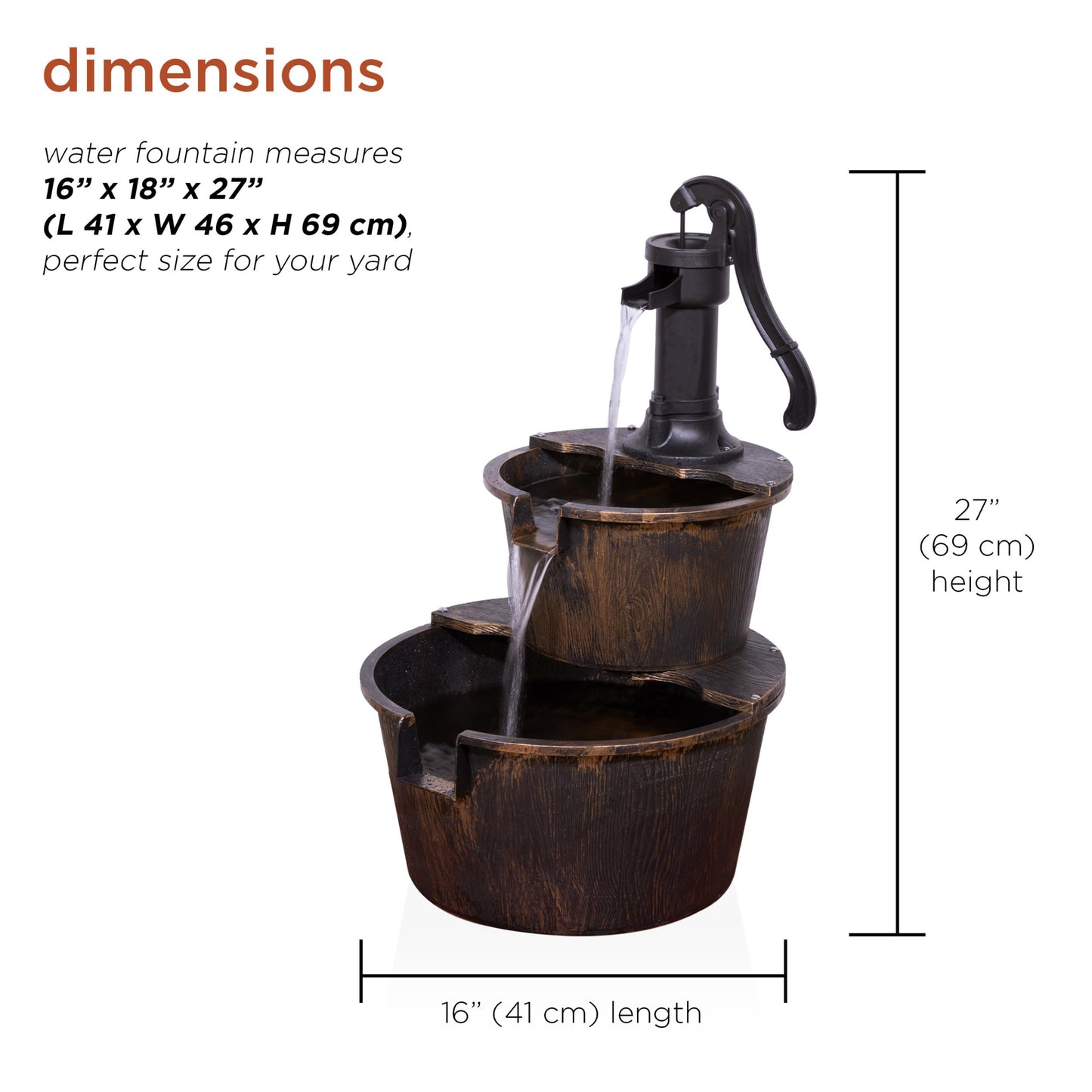 Alpine Corporation 27" Tall Rustic Outdoor 2-Tier Barrel Pump Water Fountain with Soothing Cascading Water Flow for Patio, Yard, Porch, or Landscape, Bronze