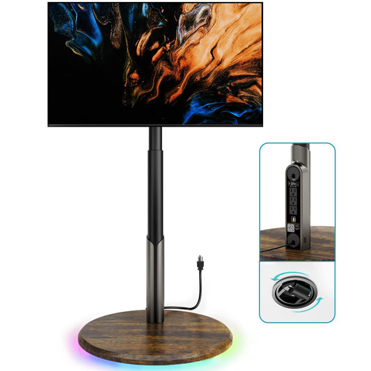 LLDEPLL Mobile TV Stand with Power Outlet, Rolling TV Cart for 27-65 Inch OLED LED Monitors, 6 Levels of Height Adjustment, Ambient RGB Lighting on The Bottom Wheels Holds up to 88lbs