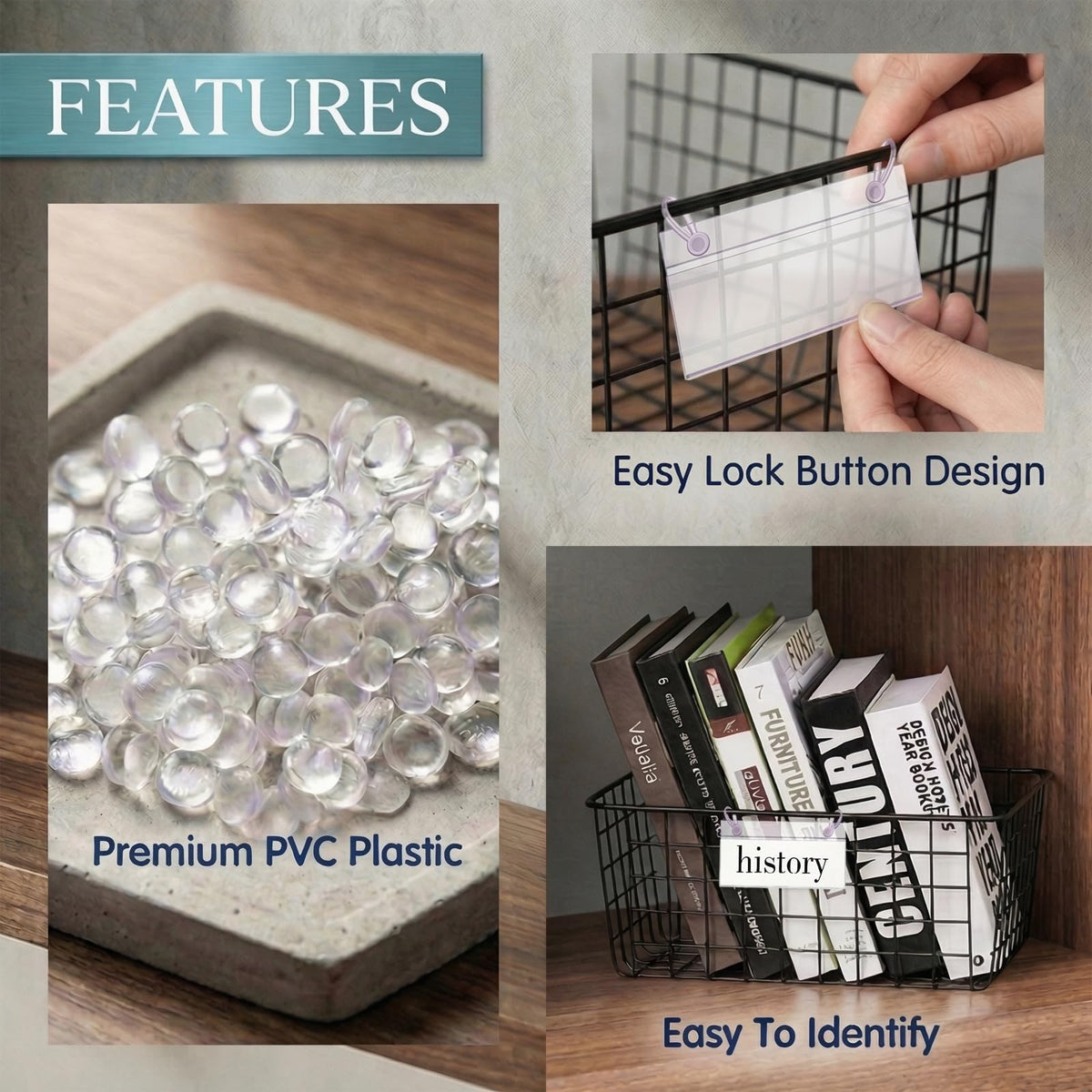 ELEMGULY Basket Label Holders, 40PCS Plastic Basket Label Clips with Easy Button Lock Design, Wire Shelf Label Holder Wire Rack Display Holder Price Sign for Home Market (40pcs Label Paper Included)