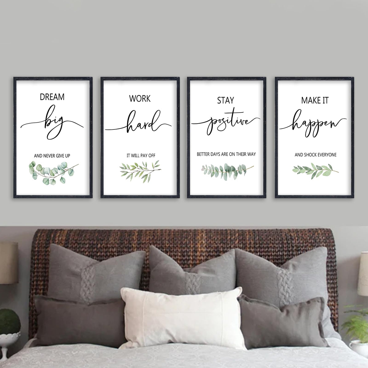 Set of 4 Inspirational Quotes Wall Art 16x11 Inch Encouraging Office Wooden Framed Positive Affirmations Home Family Decor Sign Motivational Plaque Wall Hanging Decoration (Black)