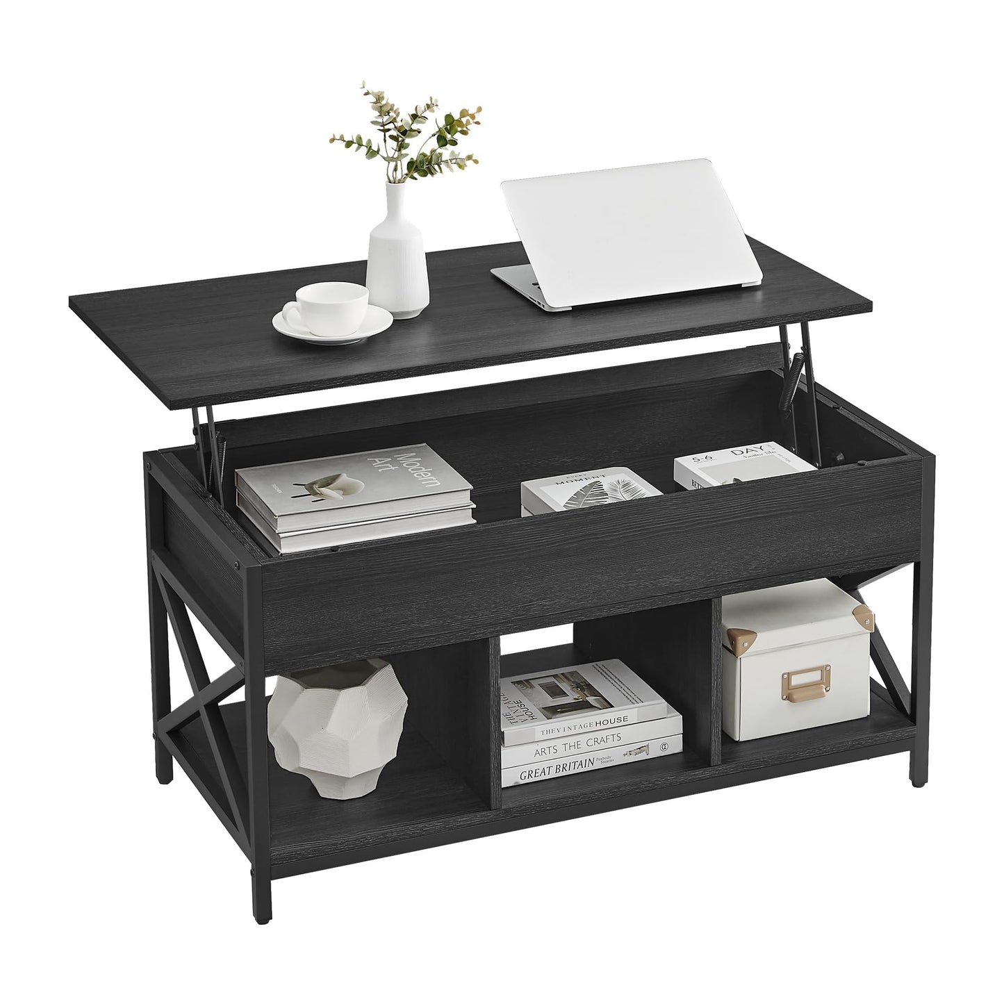 VASAGLE Coffee Table Lift Top, 3 in 1 Center Table with Storage, Gas Spring, 2 Drawers and 3 Hidden Compartments, Open Shelf, for Living Room, Home Office, Honey Brown and Rustic White ULCT254W01