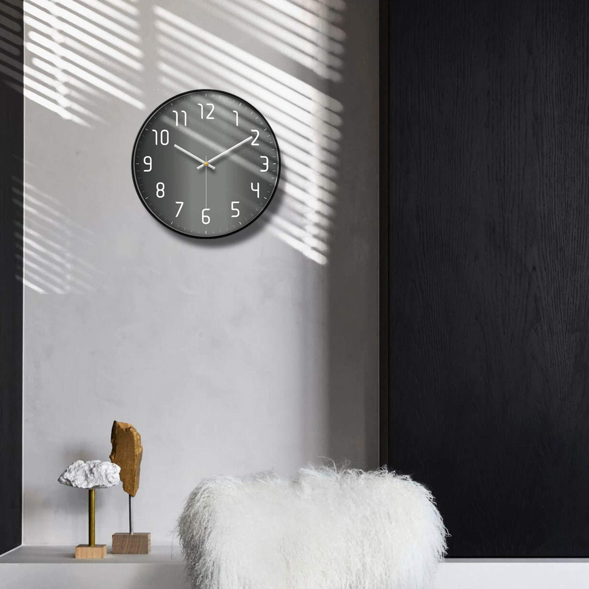 SCOAGE 12'' Modern Minimalist Black & Grey Wall Clock, Silent Non-Ticking Battery Operated Analog Clock with Easy to Read Large Numbers for Home Office, Bedroom, Kitchen, Living Room Decor