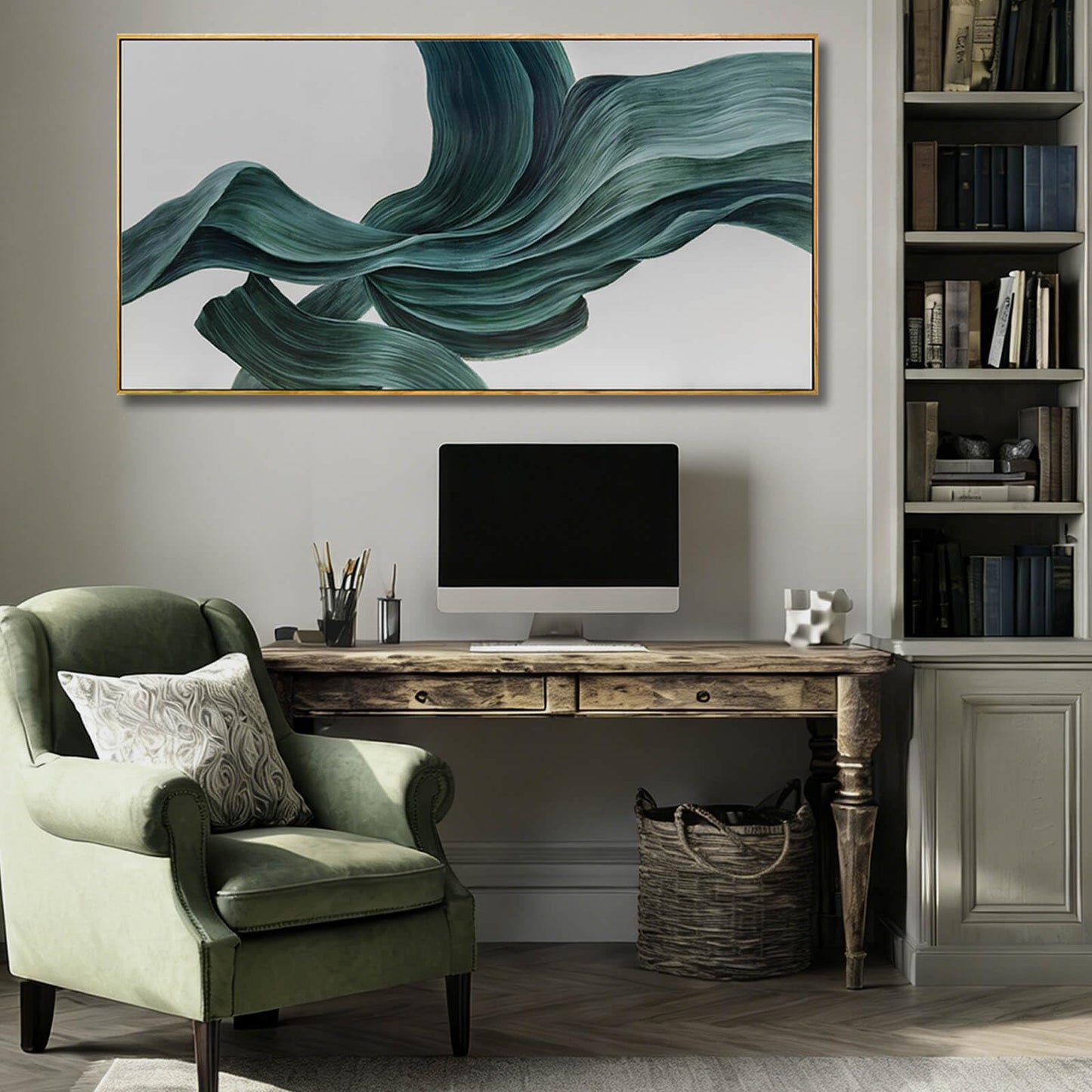 Green Abstract Wall Art 24x48 Inch, Large Framed Canvas Painting with Wooden Frame, Modern Minimalist Wall Decor for Living Room Bedroom or Office