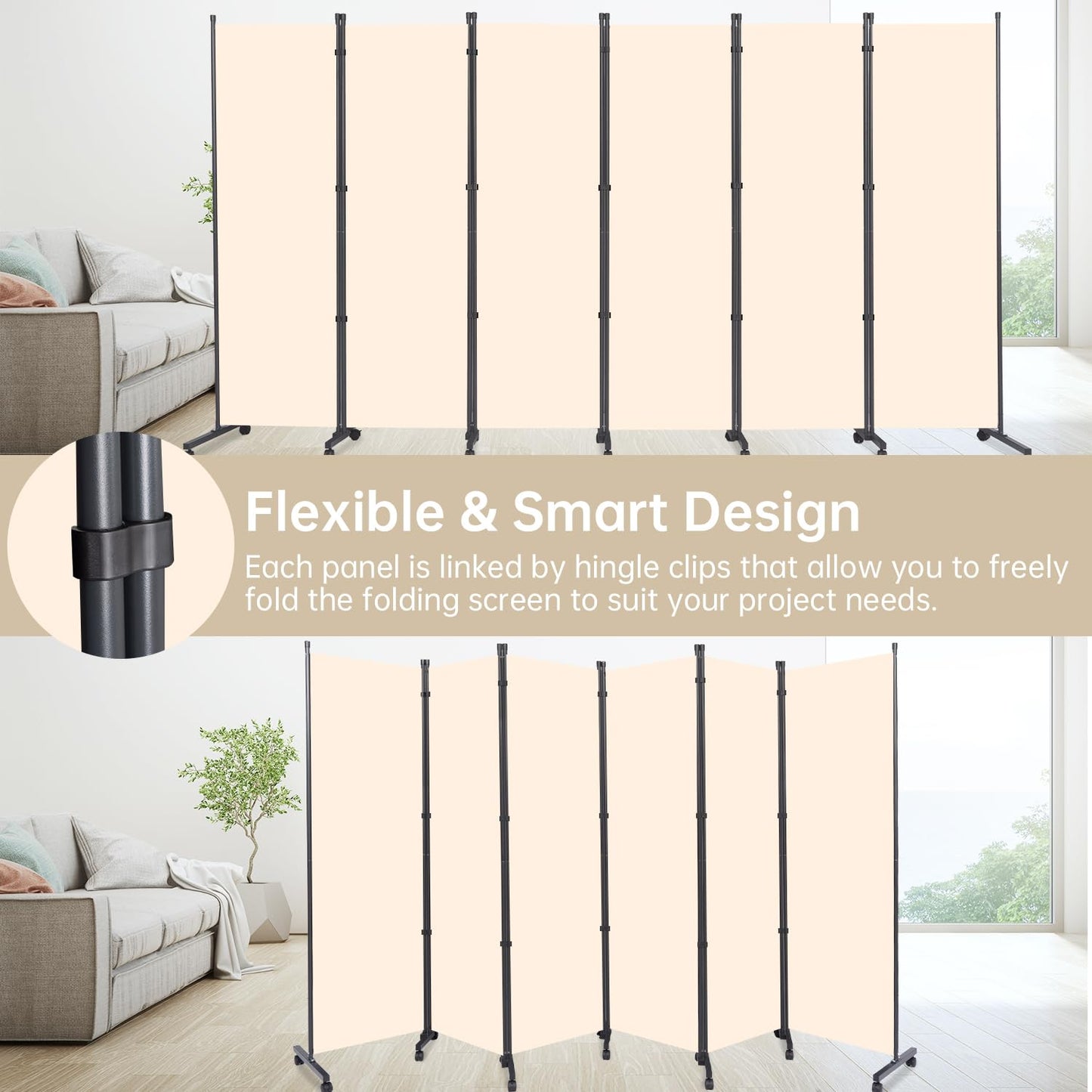 Room Divider 6 Panel Room Dividers/Wheels, Fabric Room Divider Panel for Office Room Partitions and Dividers, Portable Partition Wall Divider for Room Separation, Freestanding Privacy Screen Indoor