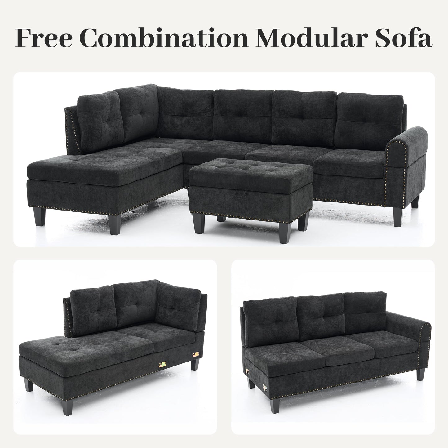 Trygoal L Shaped Couches for Living Room, Sectional Couch Living Room Furniture with Storage Ottoman, Modular Sectional Sofa with Movable Chaise for Apartment Office, Black Grey