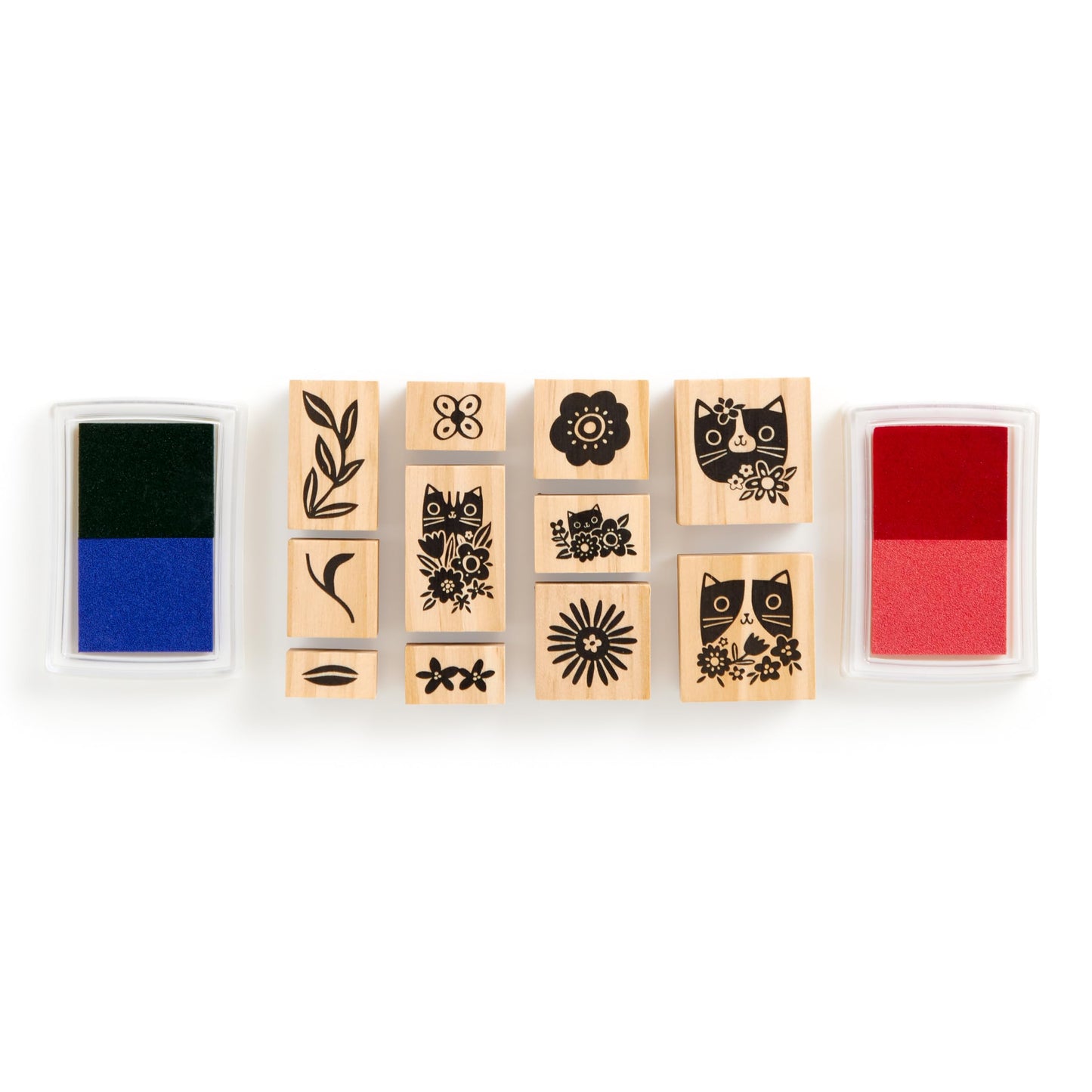 Galison Blooming Cats – Rubber Stamp Set Includes 4 Beautiful Colored Ink Pads and 11 Unique Cat Themed Wooden Stamp Blocks