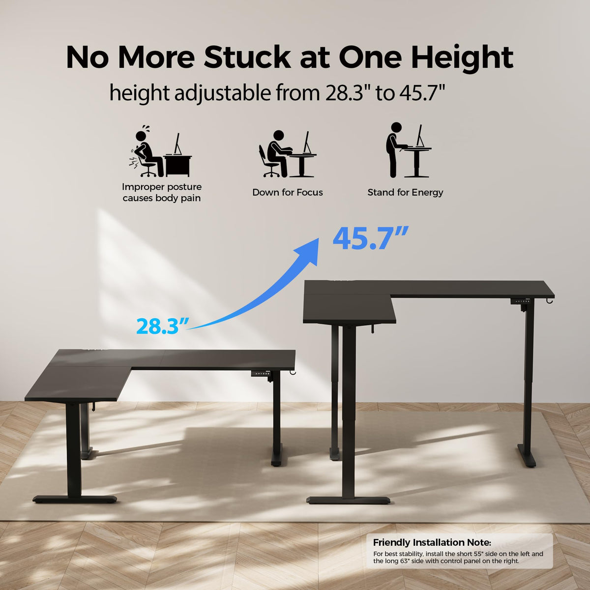 Agilestic 63 x 55 Inch L Shaped Standing Desk Adjustable Height, Corner Standing Desk, Sit Stand Up Computer Table, Splice Board, Black