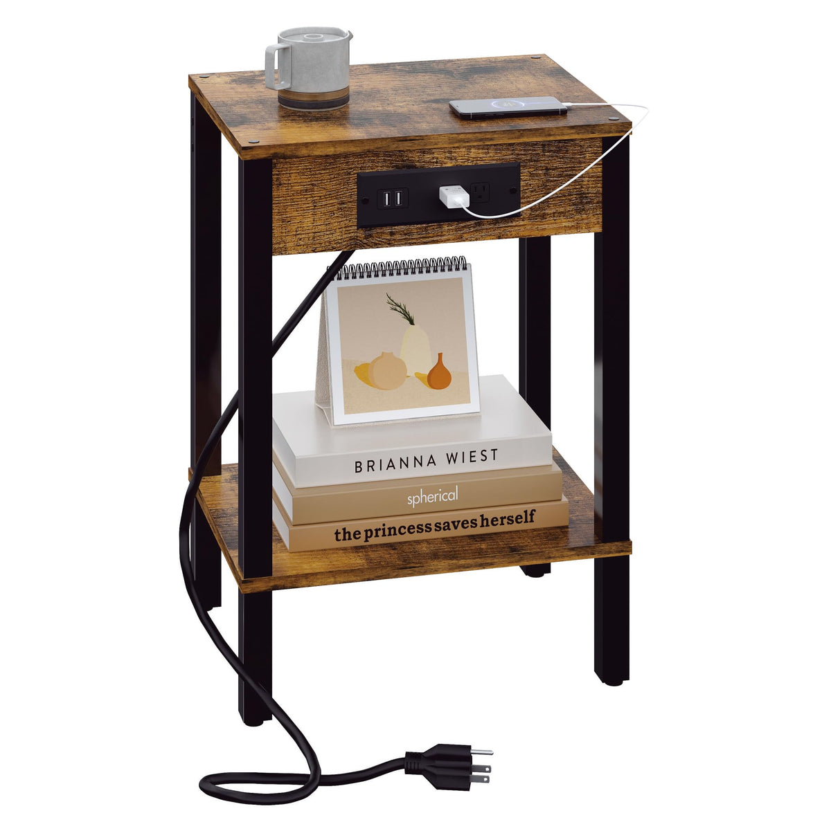 End Table with Charging Station, 2-Tier Nightstand with Storage Shelf,Modern Side Table,Bedside Table for Small Space in Living Room, Bedroom, Sofa Couch and Balcony, Rustic Brown MLBZ14RE