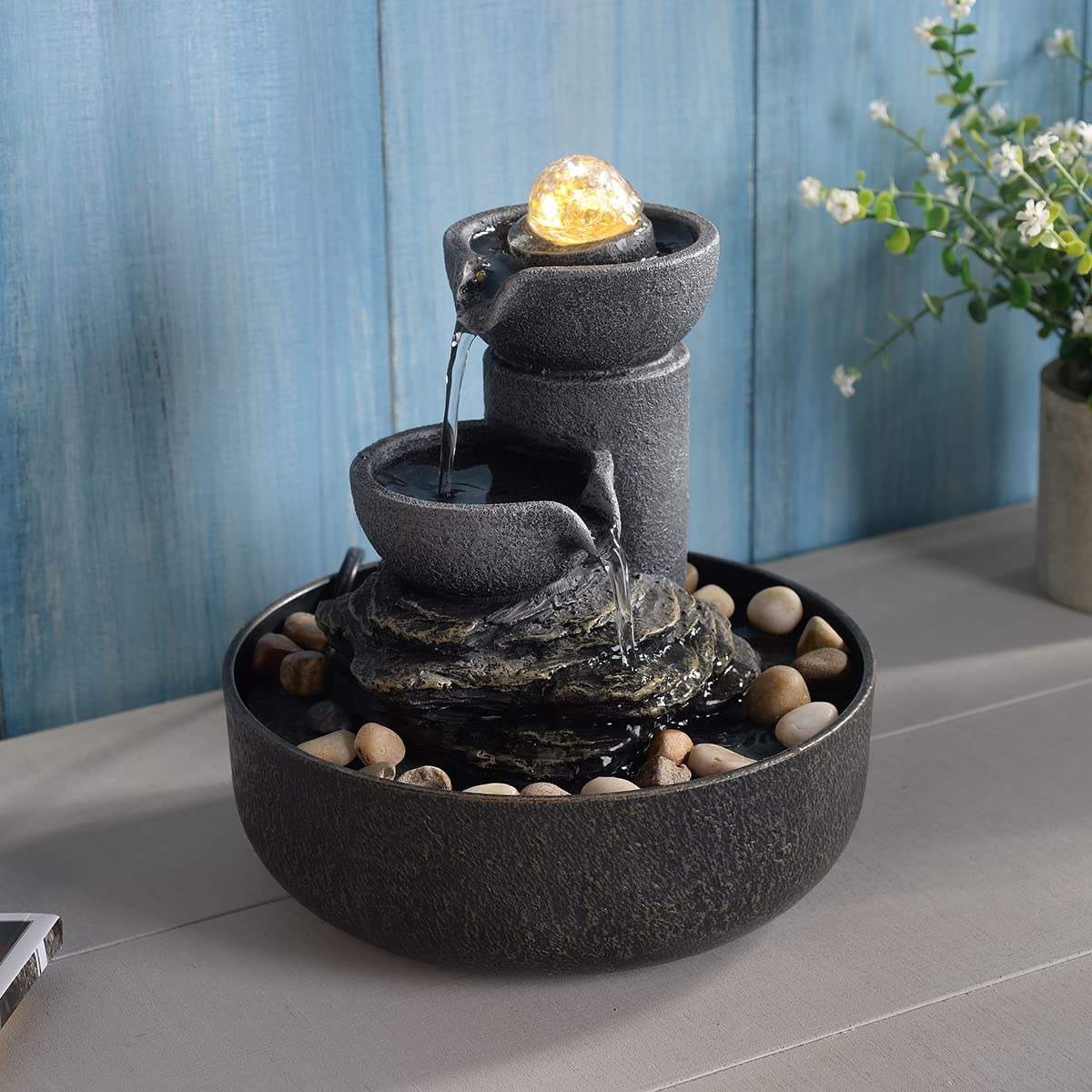 GOSSI Tabletop Water Fountain 2-Tier Indoor Waterfall Fountain with LED Light, Cobblestone & Glass Rolling Ball, Soothing Meditation Sounds for Office & Home Decor