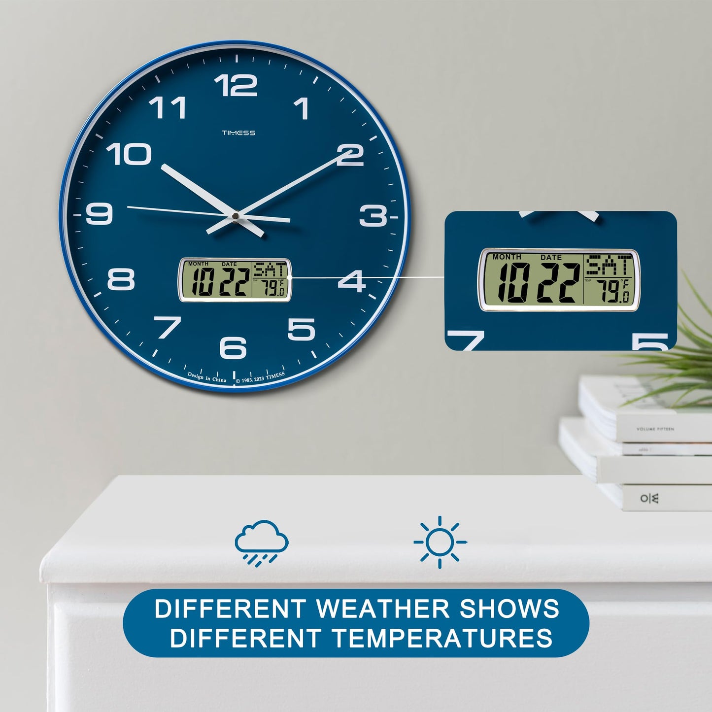 TIMESS Wall Clock, 14" Large Dial Non-Ticking Silent Battery Operated Analog with LCD Display for Perpetual Calendar and F° Temperature, Ideal Modern Home, Bedroom, Kitchen, Office Decor (Blue)