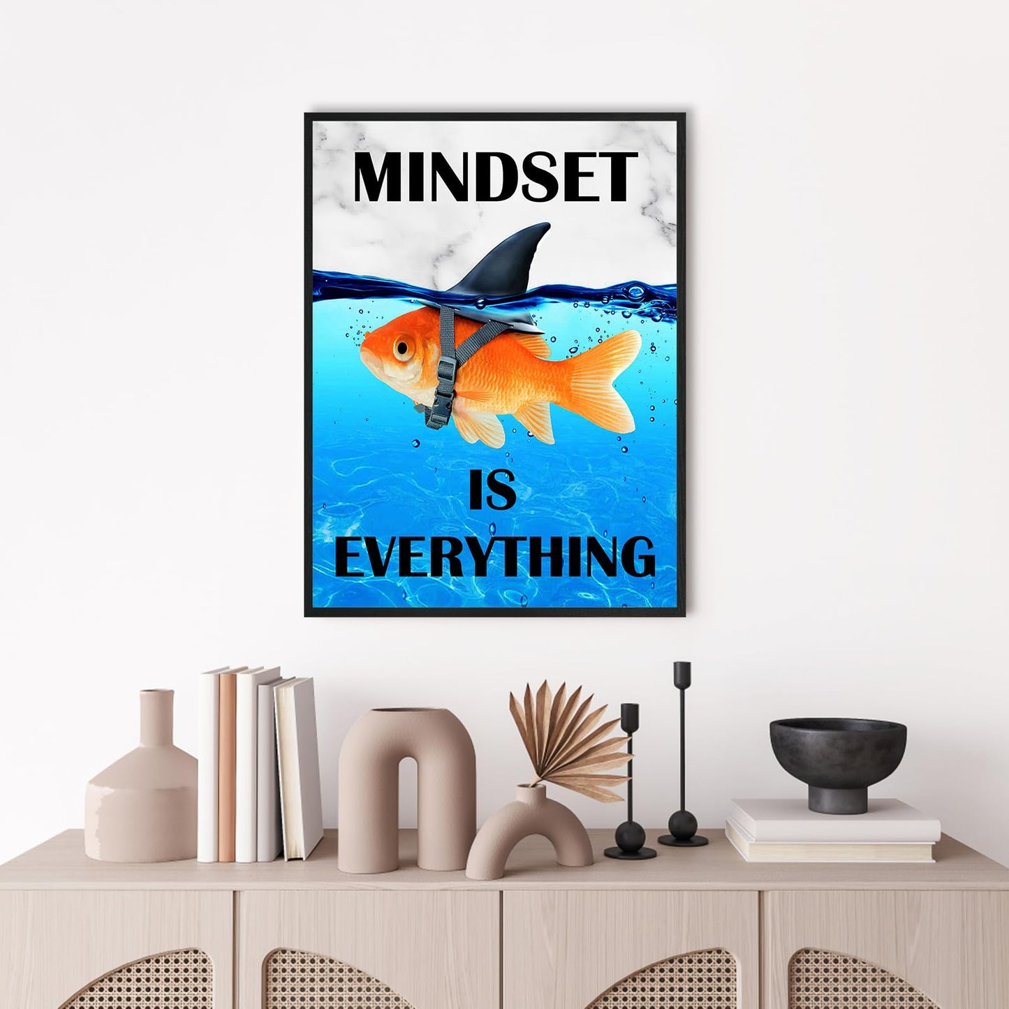Mindset Is Everything Wall Art:Motivational Wall Decor for Office,Goldfish Prints Posters Inspirational Wall Art Framed,Uplifting Self Improvement Positive Quote Home Office Wall Art 12"x15"