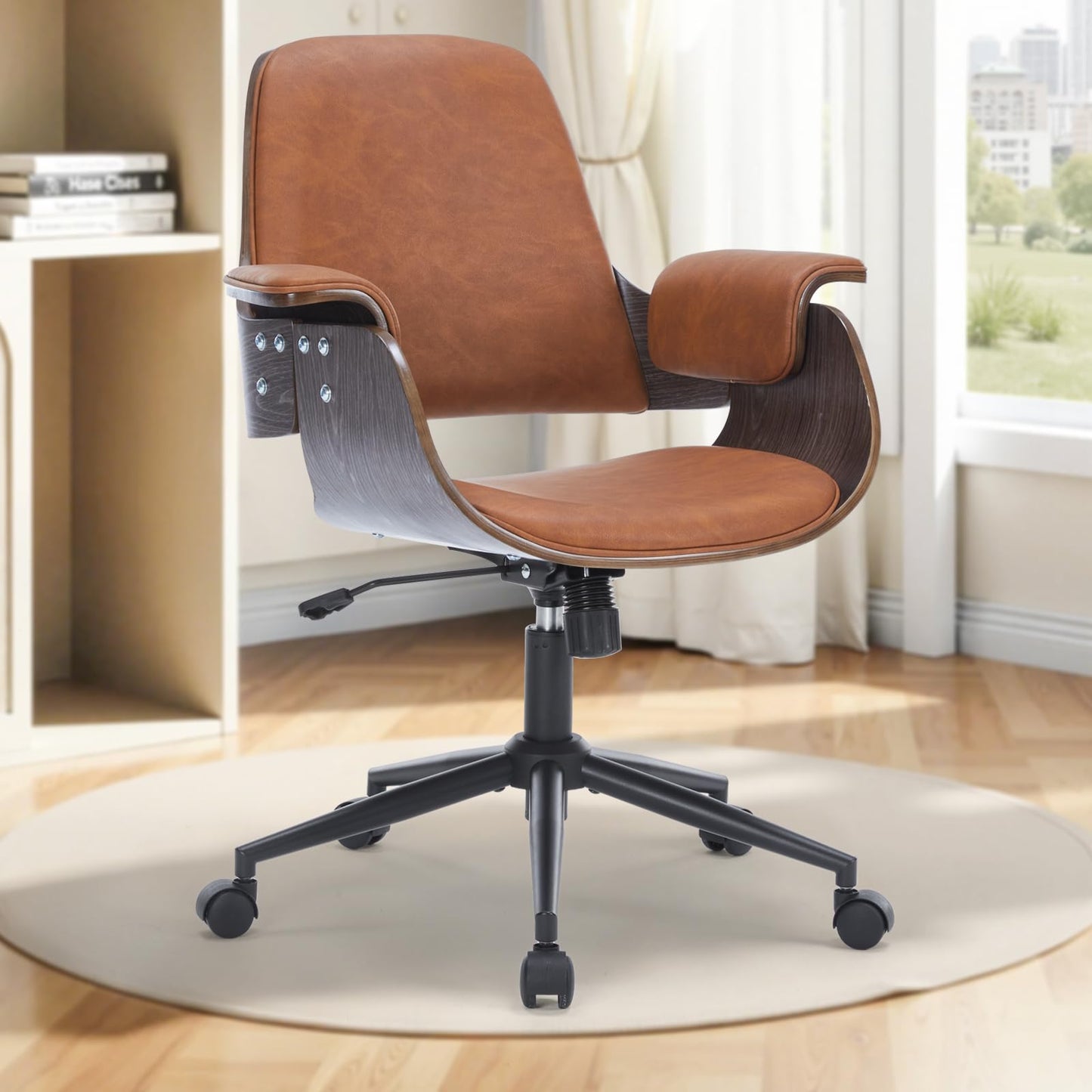 Mid Century Modern Home Office Chair,Ergonomic U-Shape Mid Back Executive Chair,Adjustable Height Swivel Computer Chair with Walnut Finish&PU Leather,Accent Chairs for Study Bedroom Workspace(Brown)