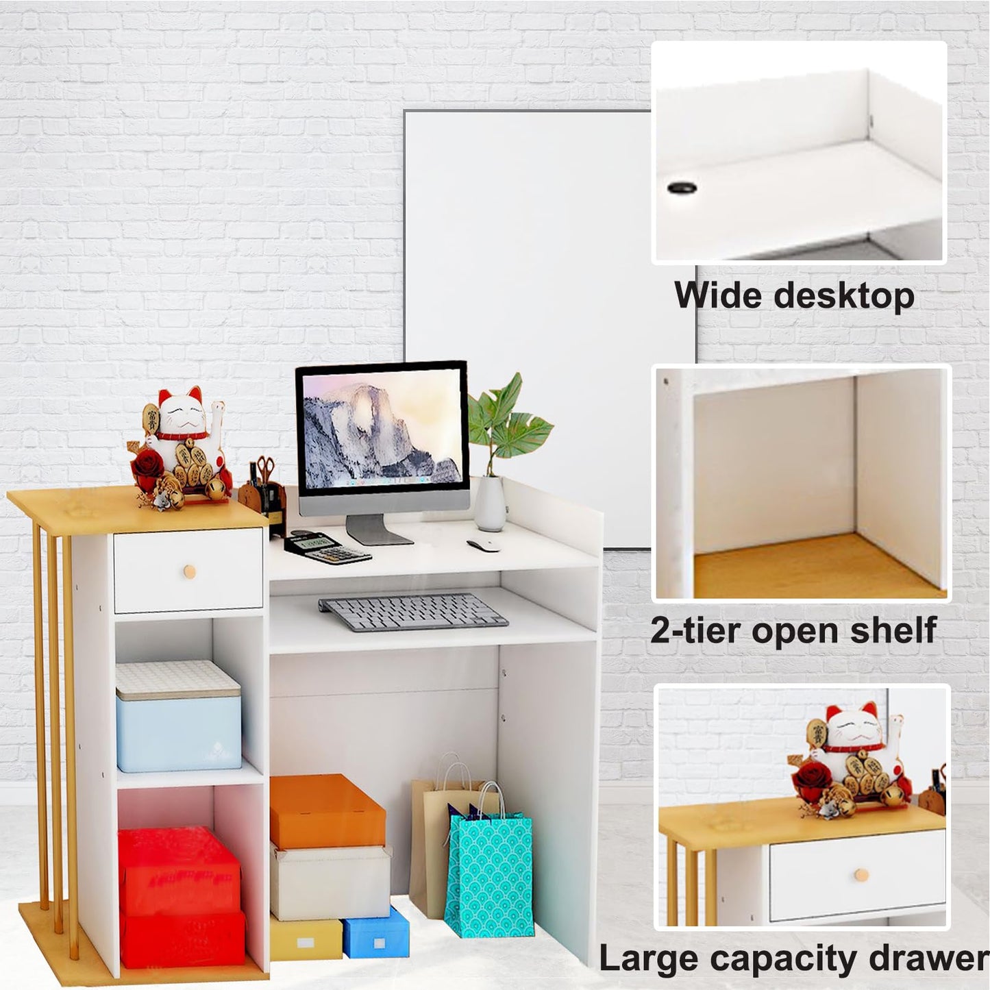 Reception Desk, Reception Counter with Drawers and Storage Shelves, 39 inch Retail Counter for Checkout with Cable Grommet, Suitable for Salons, Beauty, Clothing Stores,Thickened Wooden Board