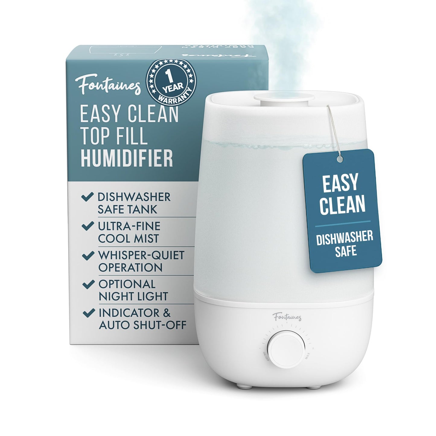 Fontaines Luxury Top-Fill Humidifiers for Bedroom, Cool Mist 360° Ultra-Fine Spray, Whisper-Quiet, Dishwasher-Safe Tank, Nightlight & Auto Shut-Off, Easy Clean Baby Nursery