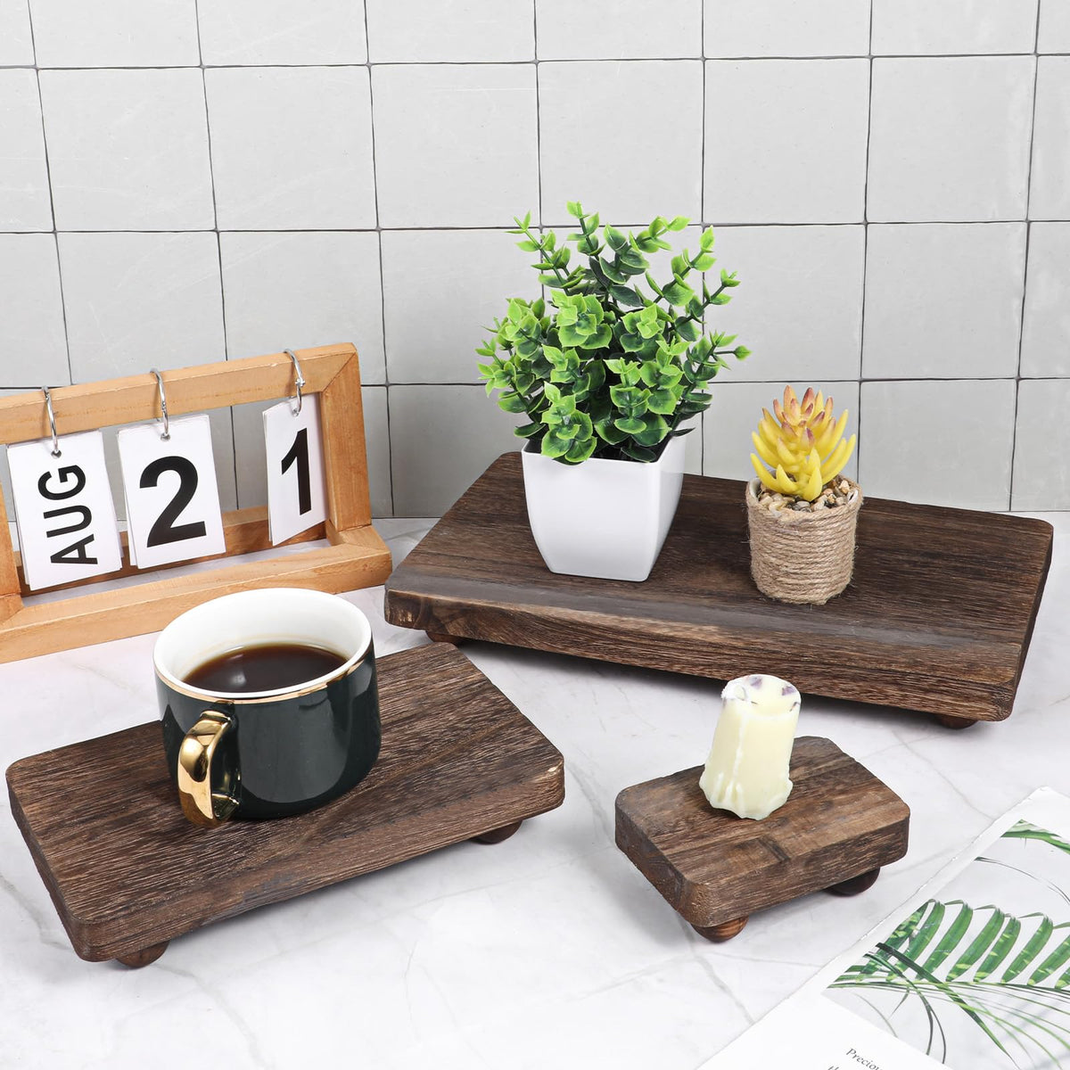 BotleFlow 3 Pcs Wooden Risers for Display Wood Pedestal Stand Wood Riser Display Pedestal Stand Square Wooden-Pedestal Holder for Decor Home Kitchen,3 Sizes(12 x 6.7, 8 x 4.7, 4 * 2.8 in,Brown)
