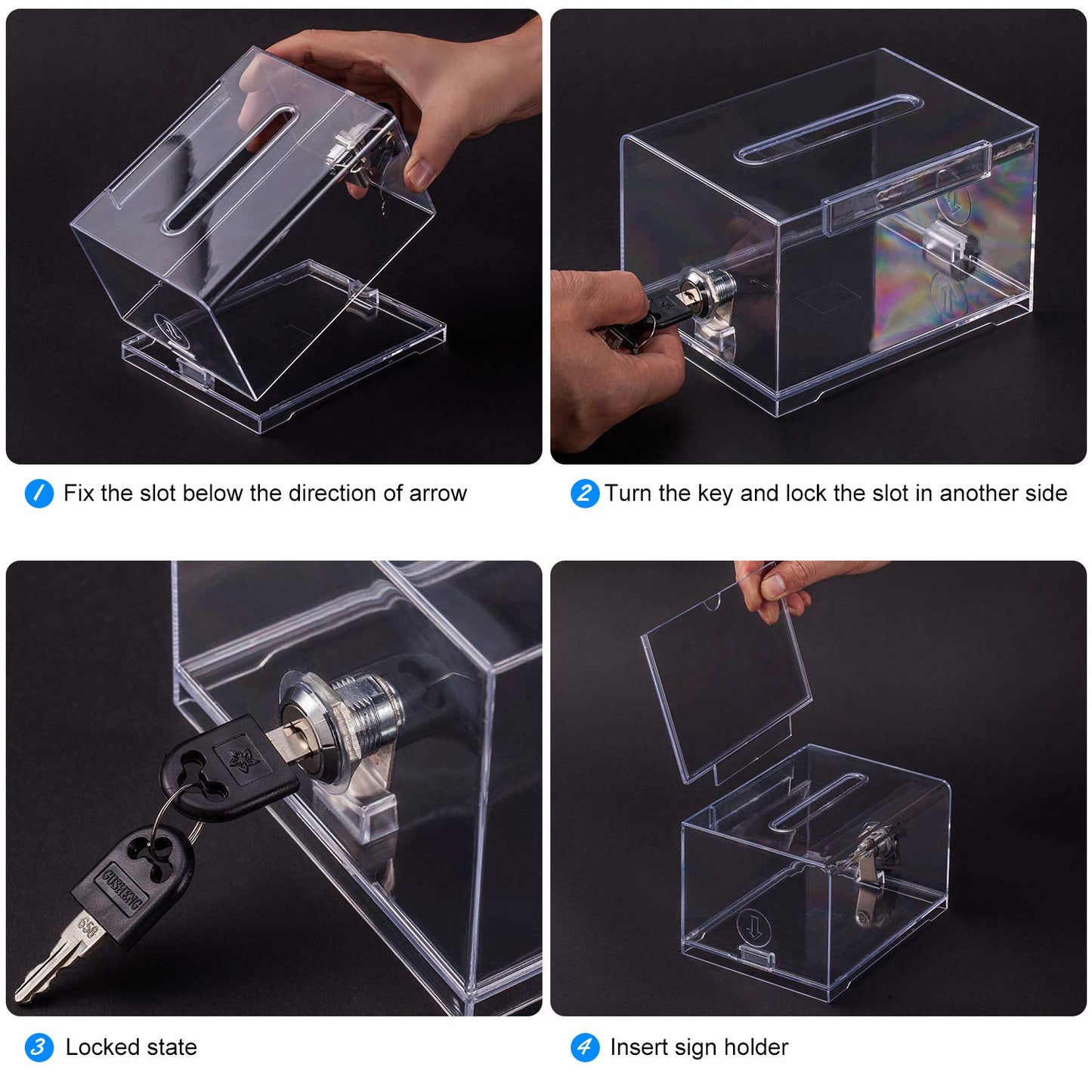 Polmart Clear Donation Box with Lock - Secure Ballot Box with Removable Sign Holder 2 Keys - for Money, Cards, Votes, Tickets, Feedback Collection (4.75"D x 6.29"W x 8"H)