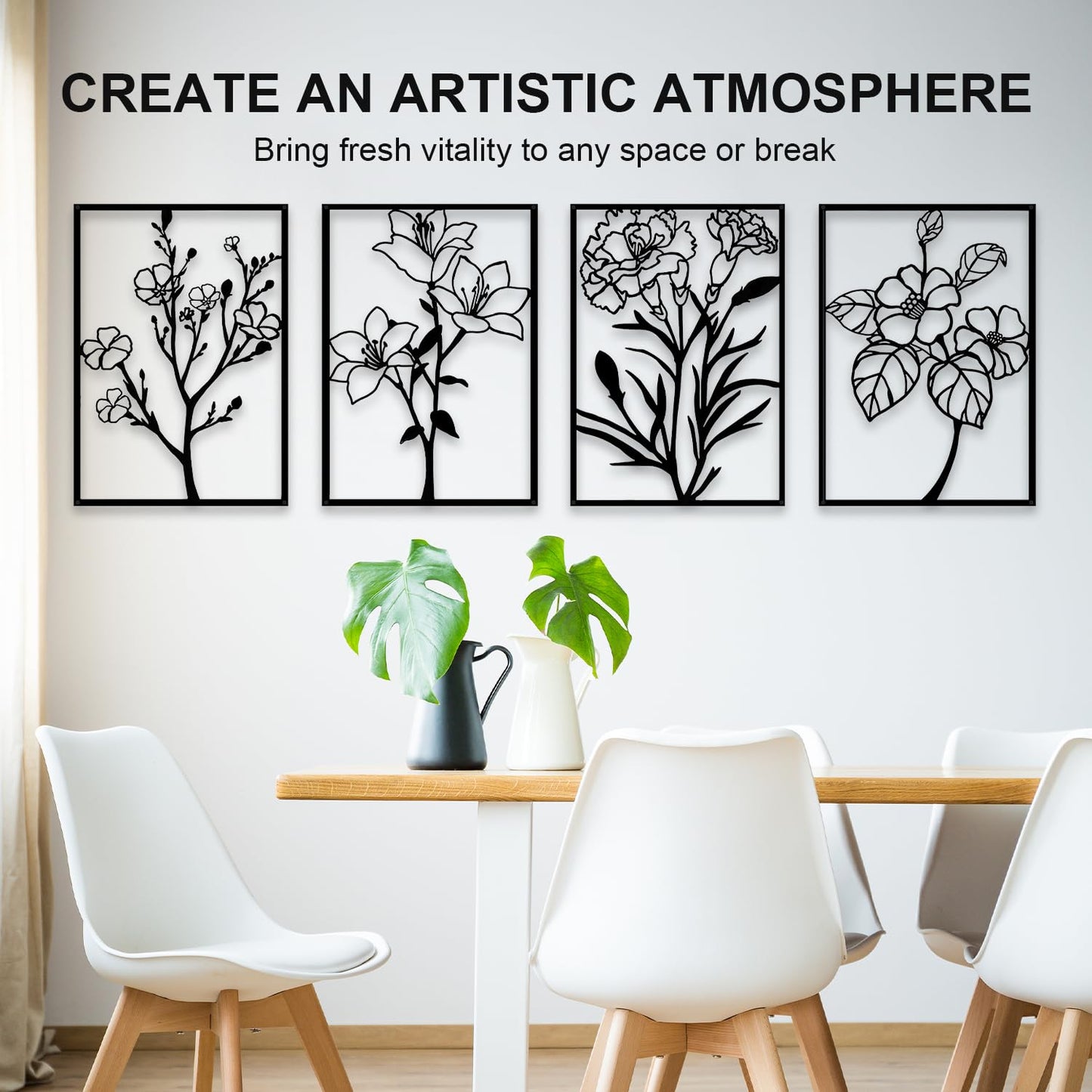 ZNZAPO 4 Pcs Black Metal Flower Wall Art, Abstract Line Art Wall Decor, Minimalist Floral Wall Hanging Art, 3d Wall Art Sculptures Decor for Living Room Bedroom Bathroom (11 × 15.7”)