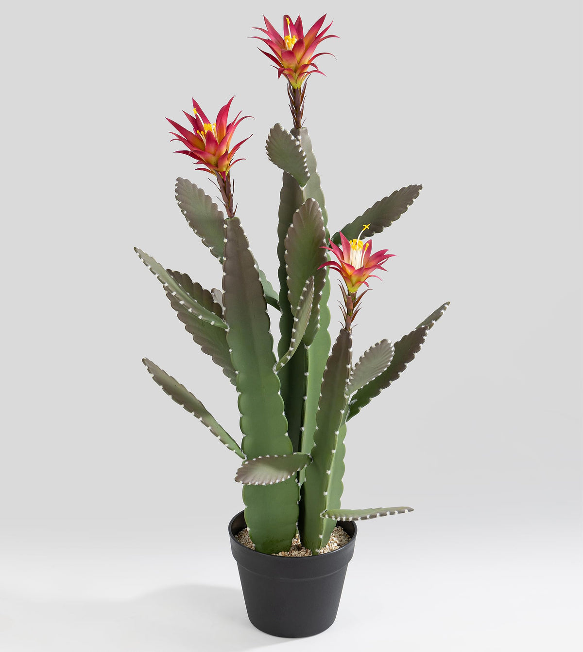 SUNPRAIRIE 33 Inch Large Artificial Cactus with Magenta Flowers in Pot with Natural Gravel. Satin Finish Leaves with Real Look and Feel. Outdoor and Indoor Faux Plants.