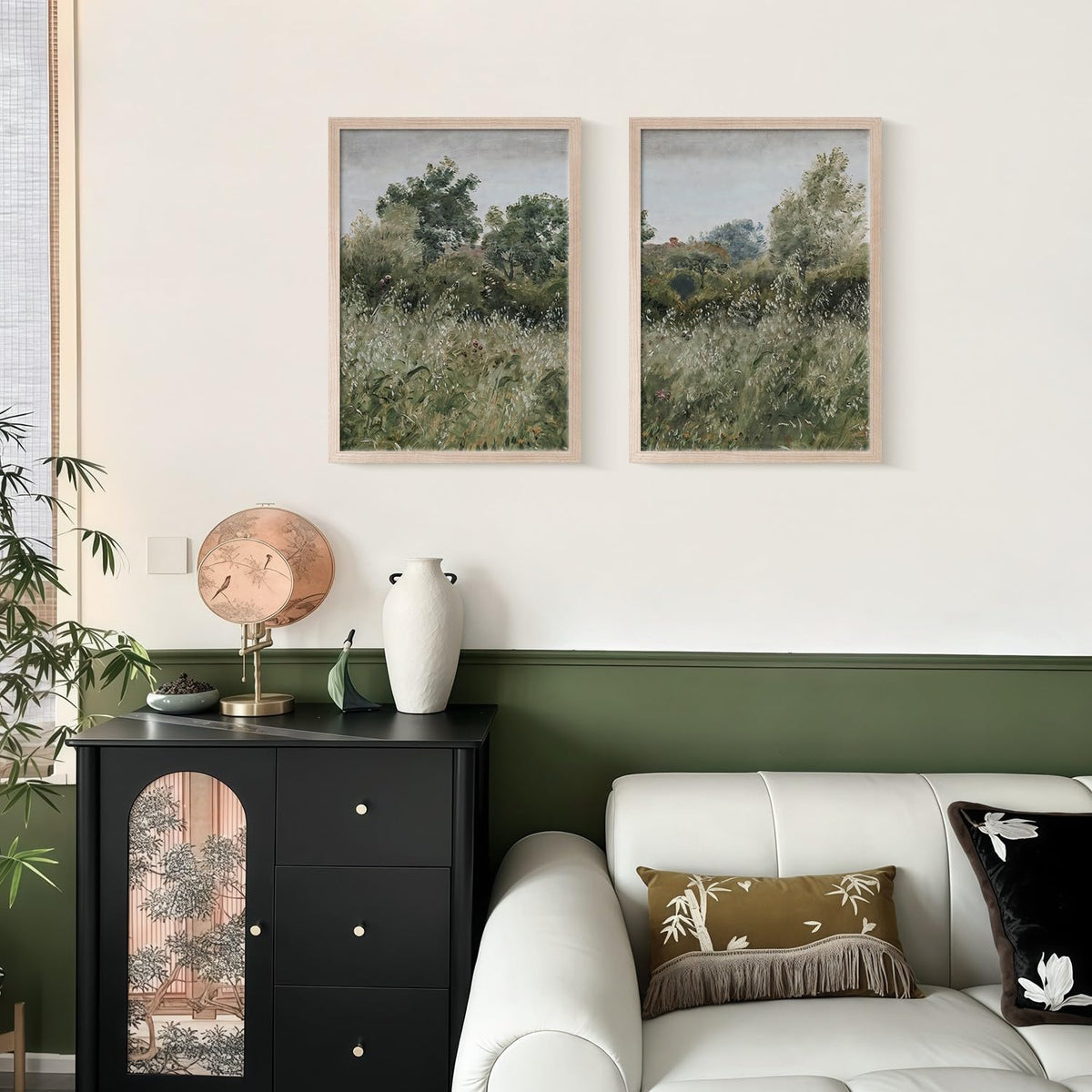 Framed Vintage Canvas Wall Art Nature Scenery Tranquil Outdoor Greenery Poster Picture Countryside Painting Natural Landscape Modern Home Print Living Room Gallery Ready to Hang 12x16 inches x2