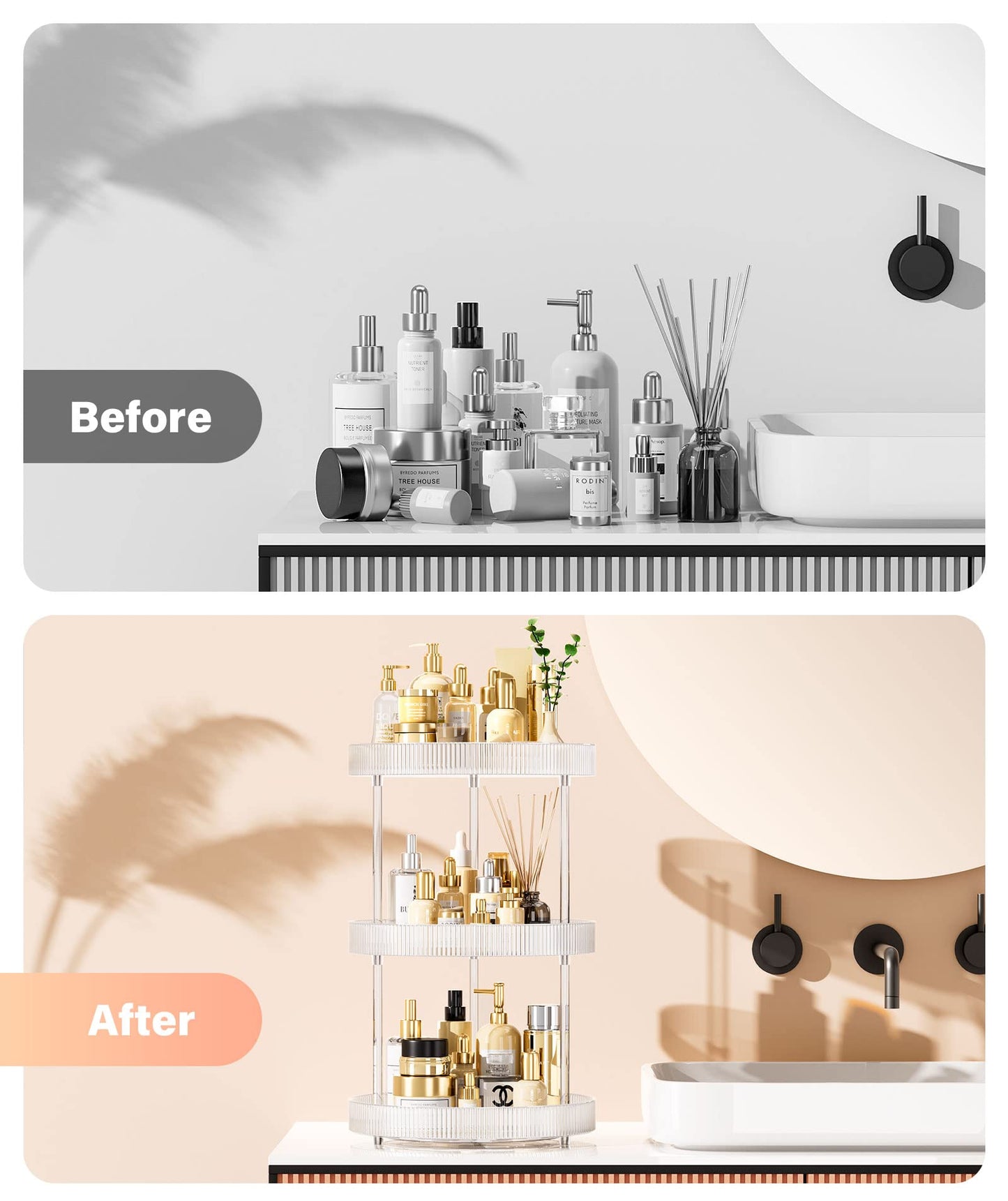 3 Tier Lazy Susan Bathroom Countertop Organizer, 360° Clear Rotating Makeup Cosmetic Perfume Storage Tray, Spinning Vanity Organizer Shelf for Bathroom Cabinet, Dresser, Kitchen(Large)