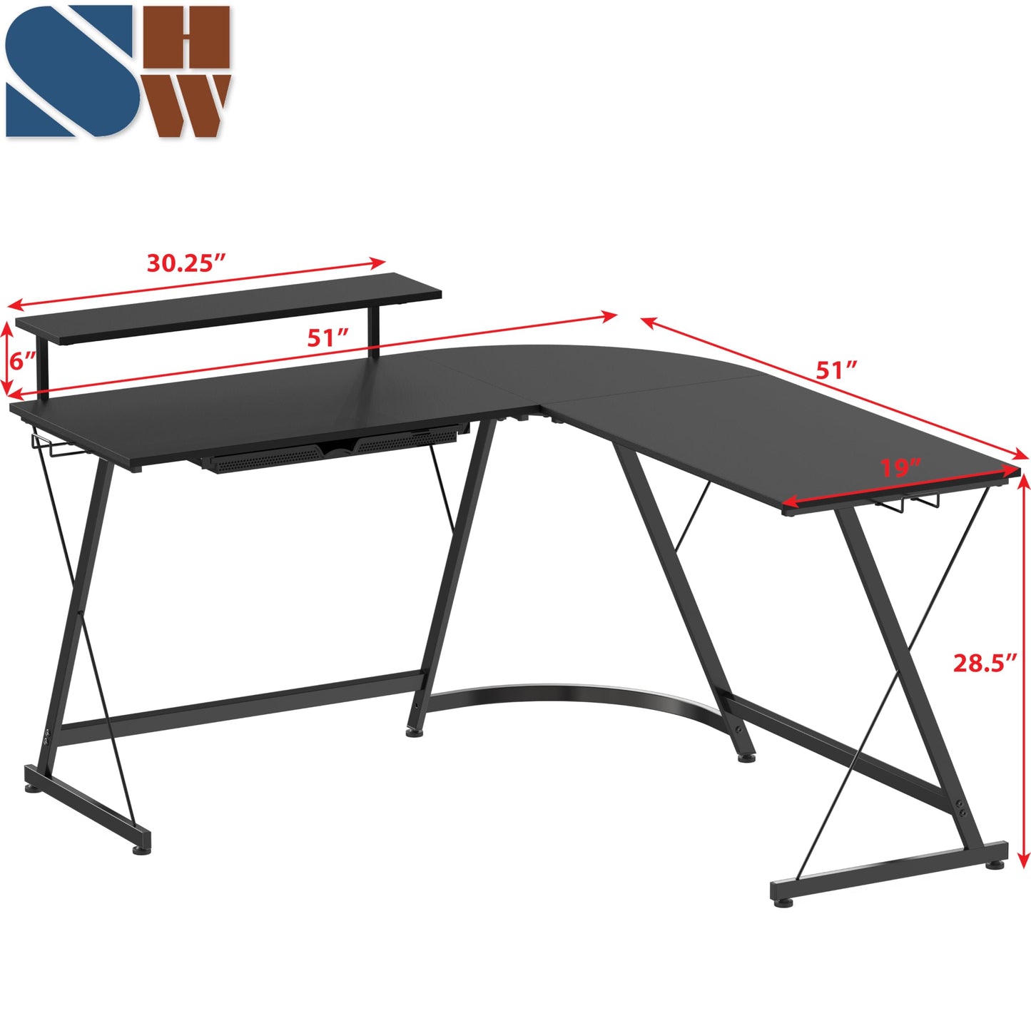 SHW 51 x 51 Inches Vista L-Shaped Desk with Monitor Stand and Drawer, Black