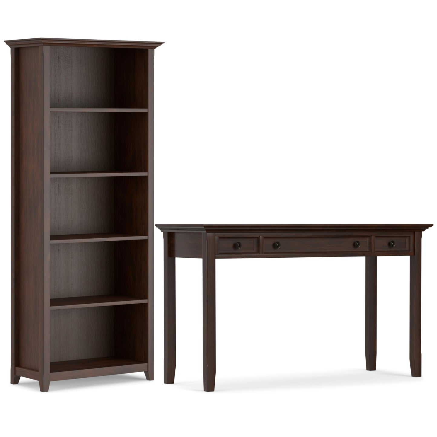 SIMPLIHOME Amherst Desk and Bookcase Bundle - 54 inch Wide Solid Wood Desk with Drawers and 30 inch Wide 5-Shelf Bookcase in Russet Brown, Transitional Home Office Furniture (Set of 2)