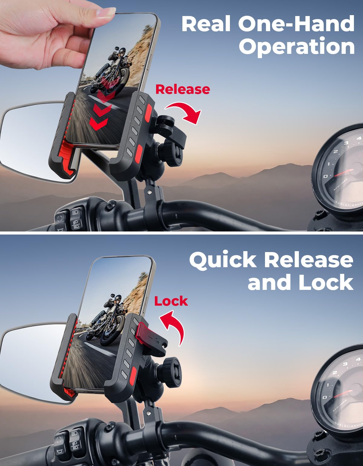KEMIMOTO Motorcycle Phone Mount with Anti-Theft, Anti-Vibration Dampener Mount One-Hand Operation 360° Adjustable for Motorcycle Bike ATV Scooter Golf Cart Fit 4.7"-7.2" Cellphone
