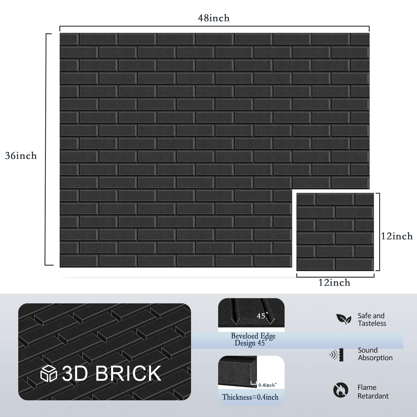 12Pack Acoustic Panels, Self-Adhesive 3D Brick Pattern Sound Proof Panels for Walls, Decorative Sound Dampening Wall Panels for Recording Studios, Offices, Home, 12"×12"×0.4", Black