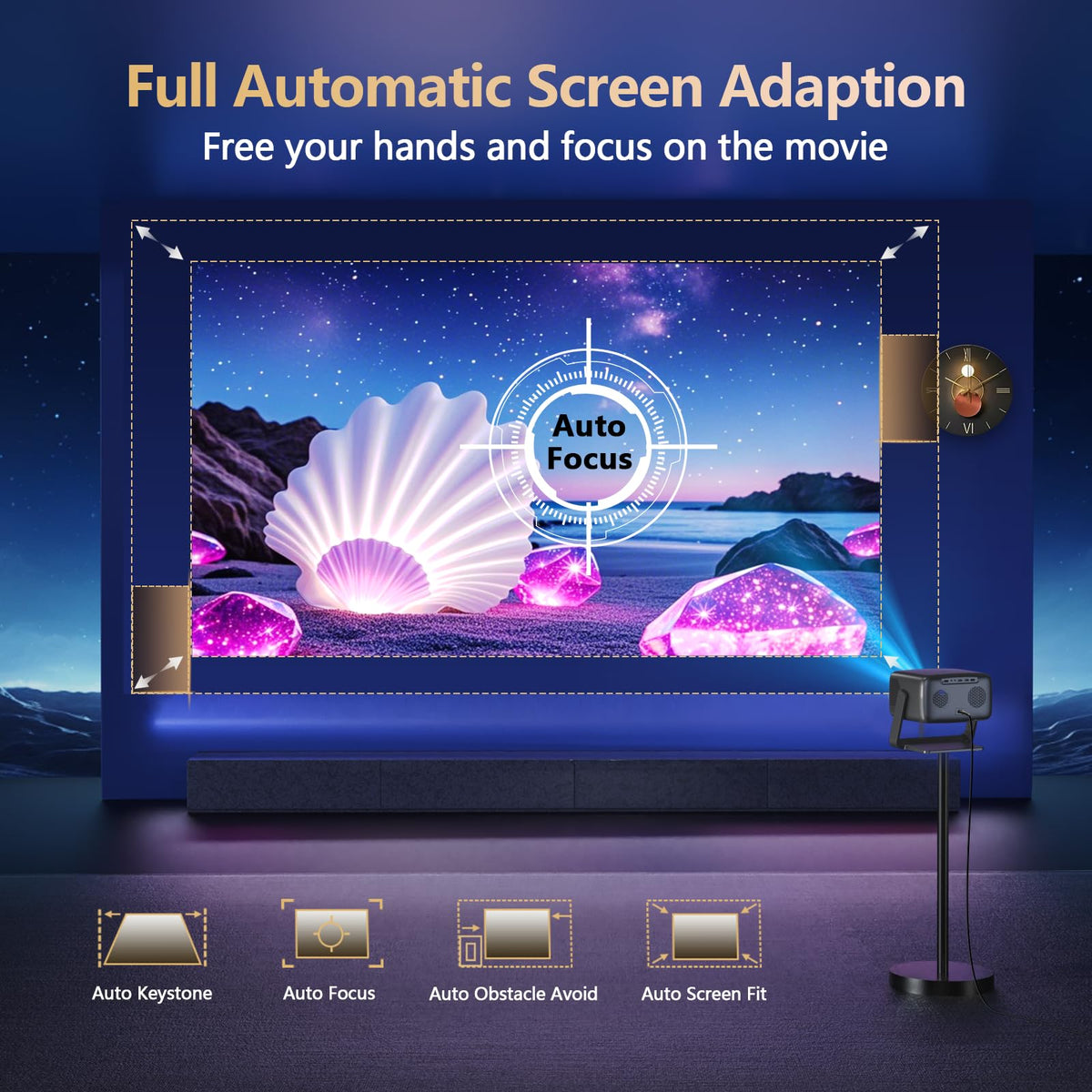 [3500 ANSI/ Official Apps/65W Audio] Outdoor 4K Projector with WiFi and Bluetooth, Auto Focus, Auto Keystone Smart Projector Support DoIby Audio, 2026 Upgrade GO2 Short Throw Projector with 360°Stand