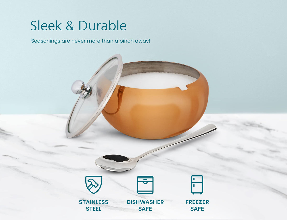 KooK Sugar Bowl, Sugar Bowl with Lid and Spoon, Sugar Container with Lid, for Salt, Coffee, Holds 2 Cups, Dishwasher Safe, Copper, 16 Oz