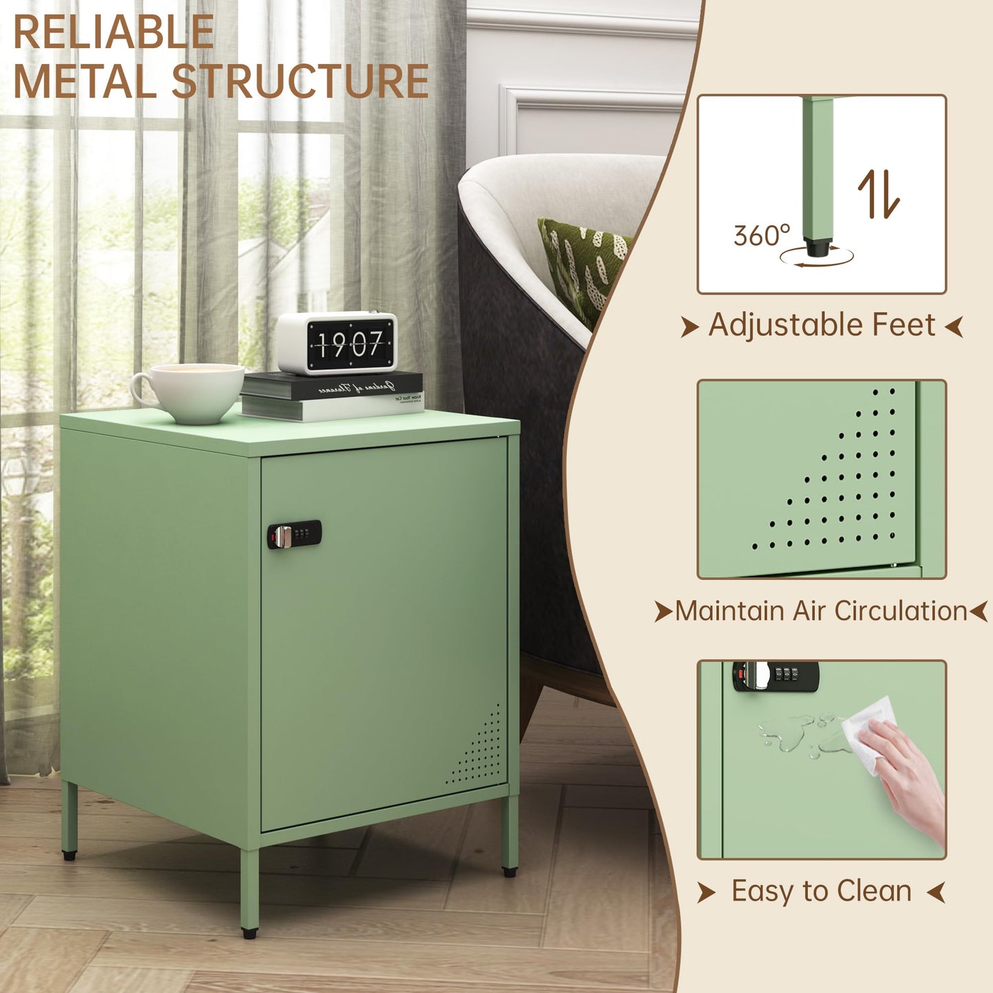 Steehoom Locker Nightstand Metal End Table Single Door Bedside Cabinet Lockable Storage Cabinet for Living Room, Bedroom, Dorm,Home, Office 21.26”H X 15.75”W X 15.75”D (1 Door, Green)