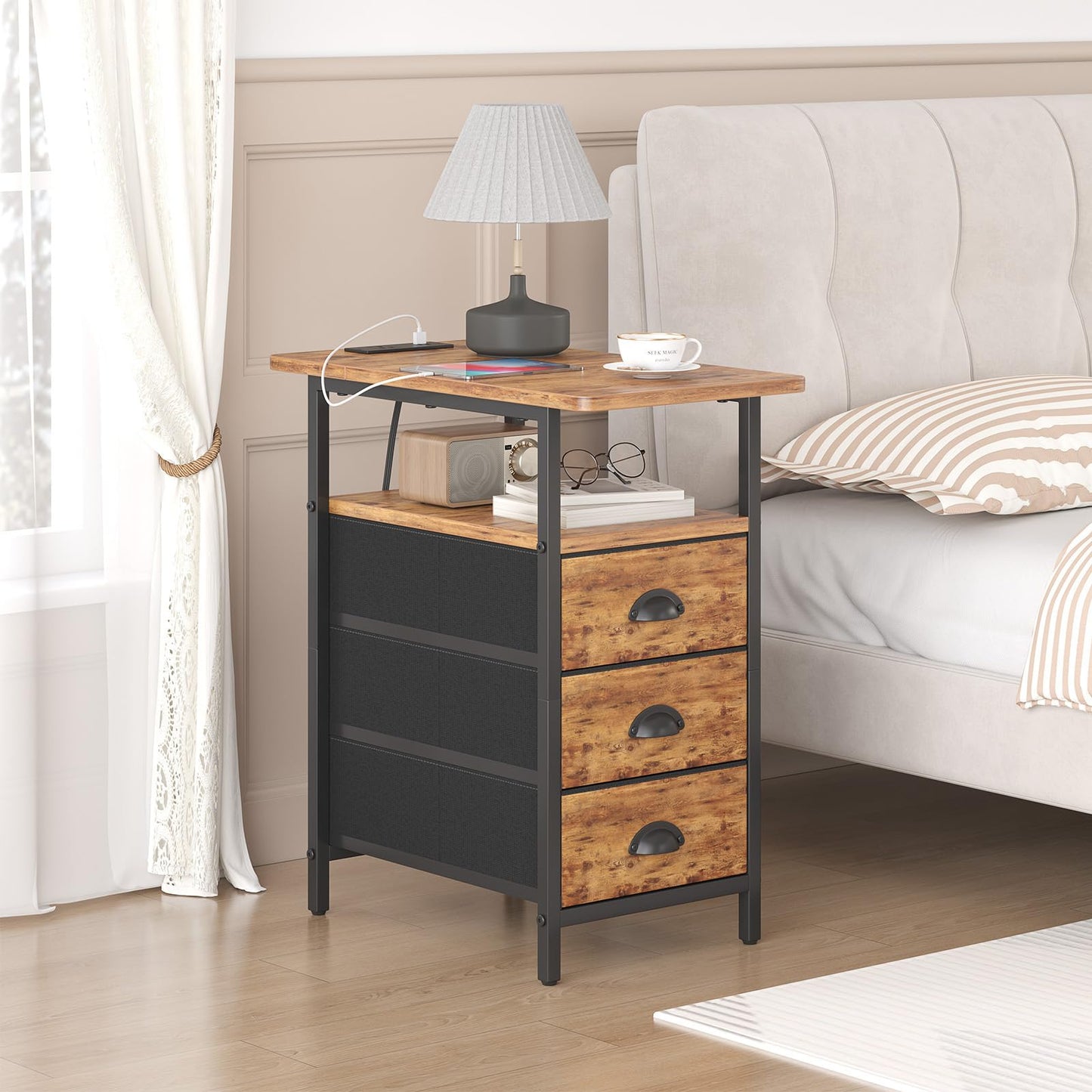 sthmec End Table with Charging Station, Side Tables Livingroom with USB Ports and Outlets,Narrow Nightstands Bedside Tables with 3 Drawers for Small Space,Slim Sofa Table Bedroom,Rustic Brown