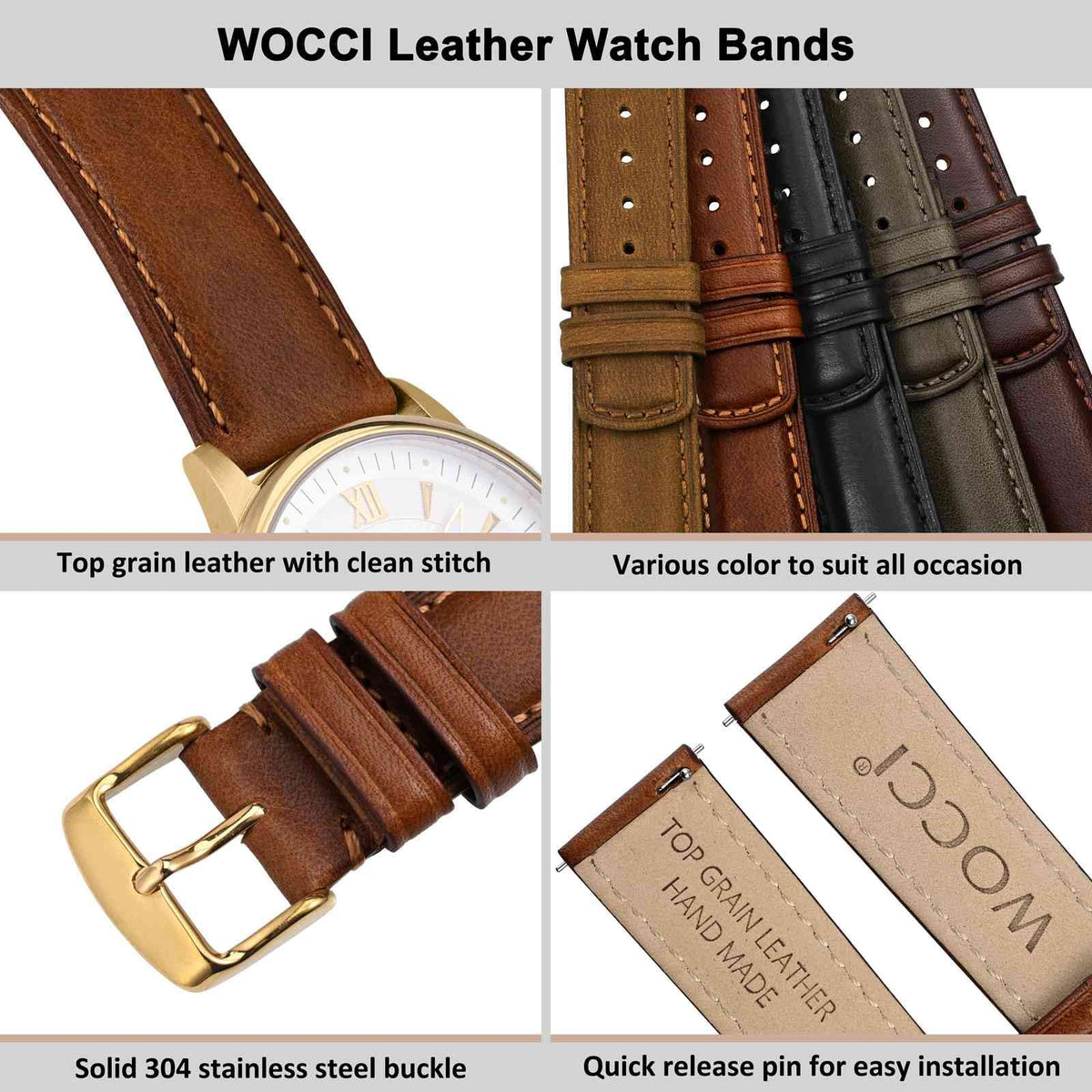 WOCCI 20mm Watch Band for Men and Women, Genuine Leather - Top Grain Leather, Quick Release Strap, Golden Buckle (Golden Brown)