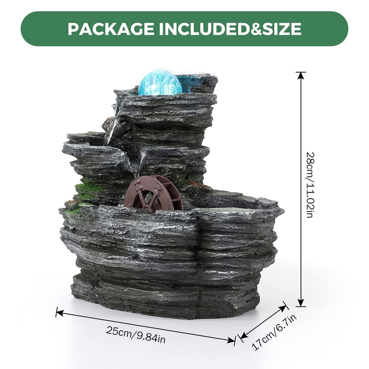 POWLAB Tabletop Water Fountain,Environmental Resin Meditation Waterfall,Desktop Fountain with Waterwheel,Indoor Waterfall Feature with Crystal Ball and Light for Home Office Decor Relaxation 10X7X11in